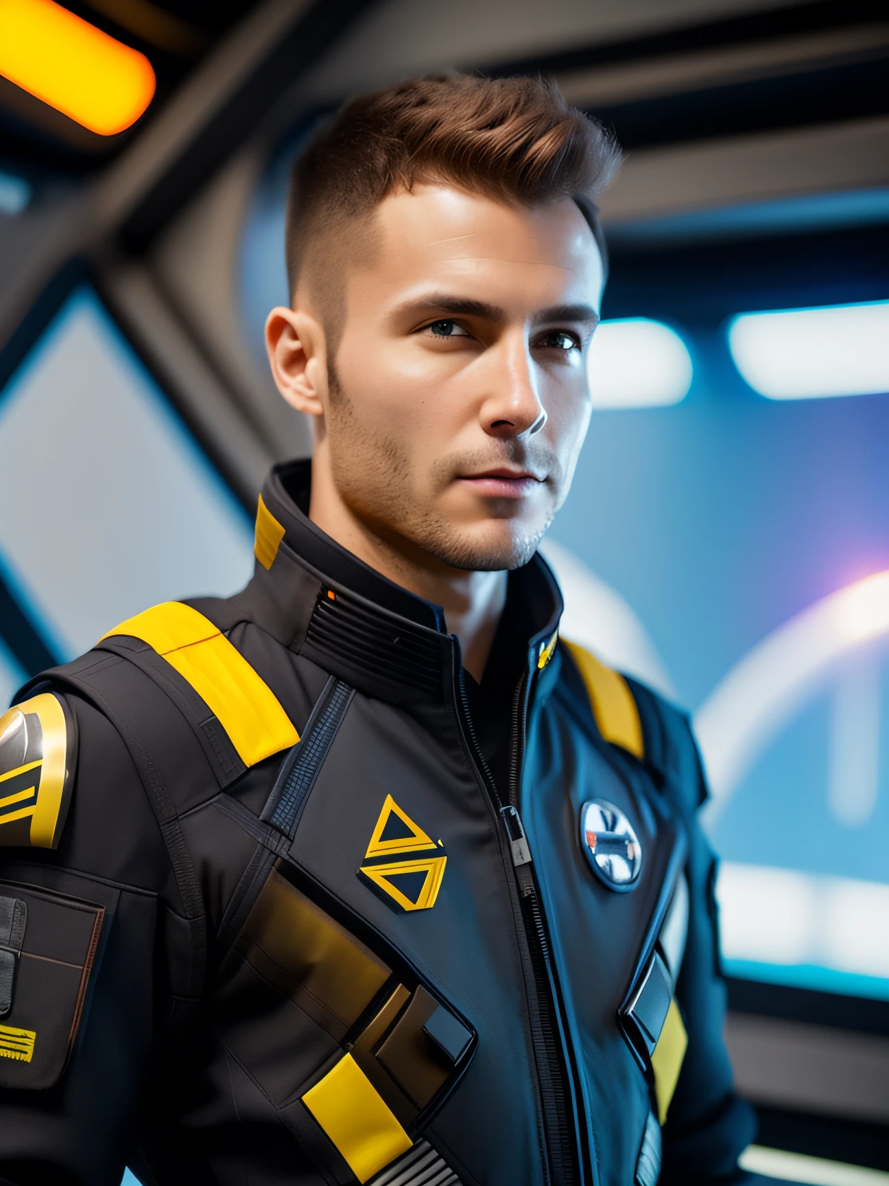 fking_scifi, award-winning photo of a man, black flight suit with yellow accents, brown hair, (gray eyes:1.35), square jawline, asymmetric face, standing in front of a window on a space ship, 80mm, bokeh, mass effect, close up, fking_cinema_v2