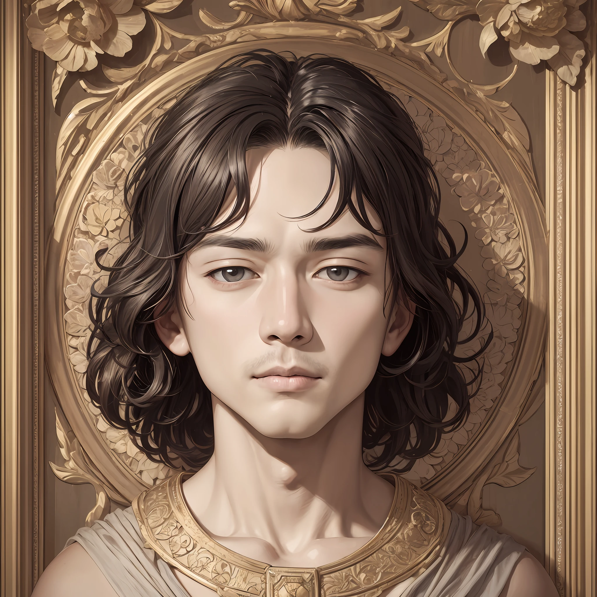 European male face portrait, BTS, JIN, flower frame, decorative panel, abstract art, by Alphonse Mucha (masterpiece, highest quality, high resolution: 1.4), detail, intricate detail, 4K, color splash, line art, Fibonacci, --auto