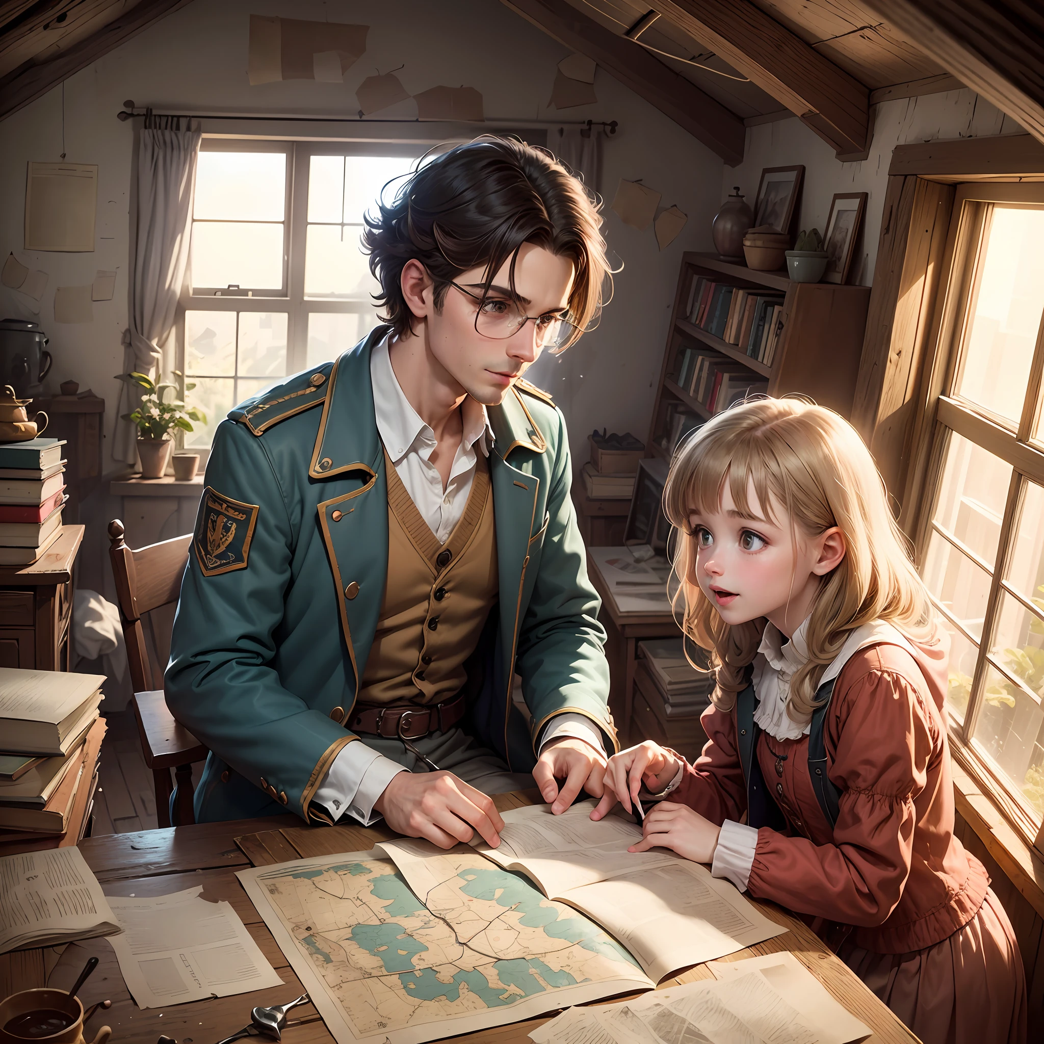 Peter and Sophie are in the dusty attic of Peter's grandmother's house. The sun shines through the old windows, illuminating the environment. They find the old chest and, upon opening it, discover an old rolled up map. Their eyes sparkle with excitement as they study the clues and mysterious symbols of the map, child-style, eBook illustration --auto --s2