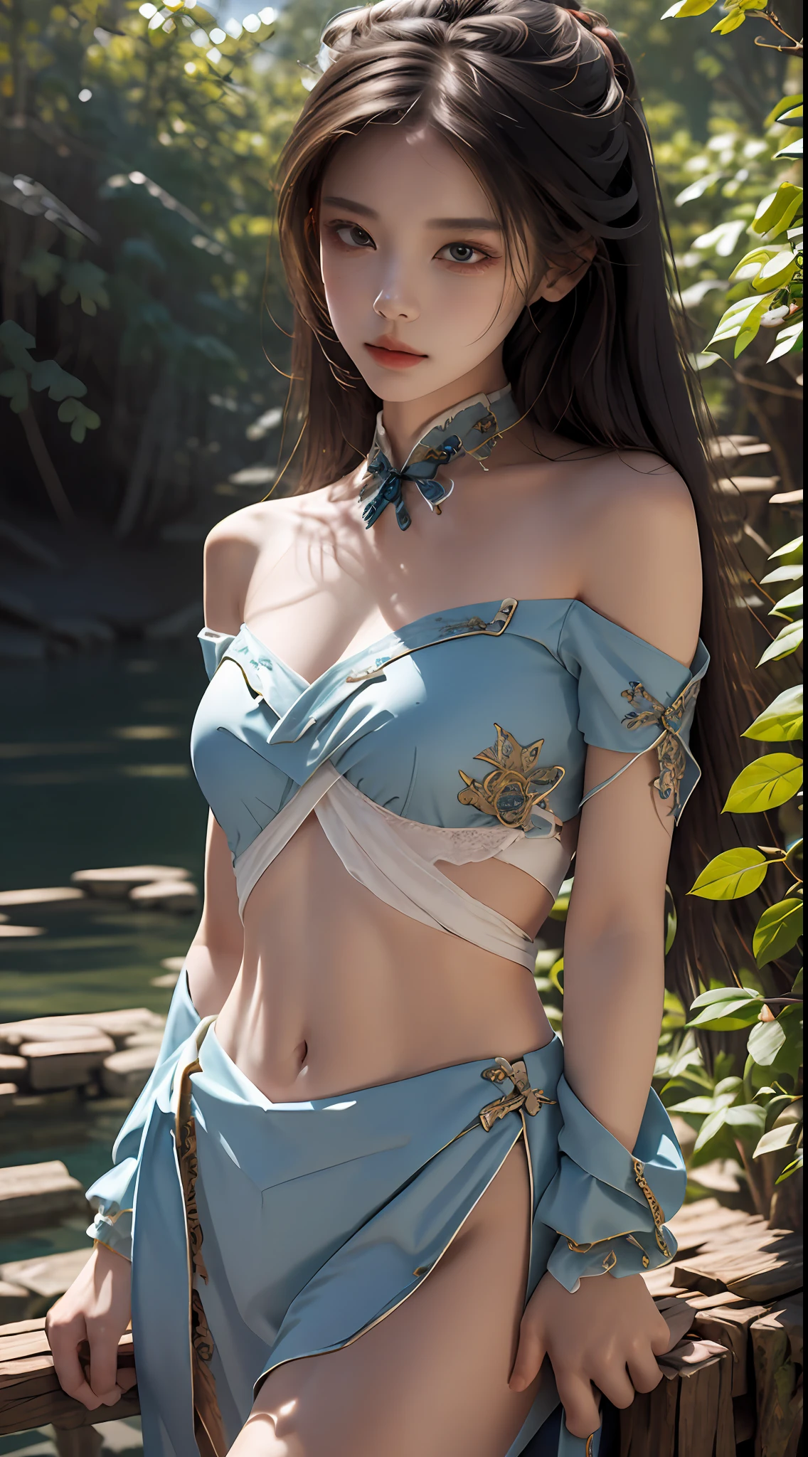 Official Art, Unified 8K Wallpapers, Ultra Detailed, Beautiful and Aesthetic, Masterpiece, Best Quality, (Zentangle, Tangle, Entangle), (fractal art: 1.4), (character center: 1.3), 1girl, black hair, Chinese, off-the-shoulder, short skirt, calf, navel, very detailed, dynamic angle, cowboyshot, (most beautiful form chaos), flowing, (bright colors), oc, (medium breasts), Chinese costume pajamas transparent