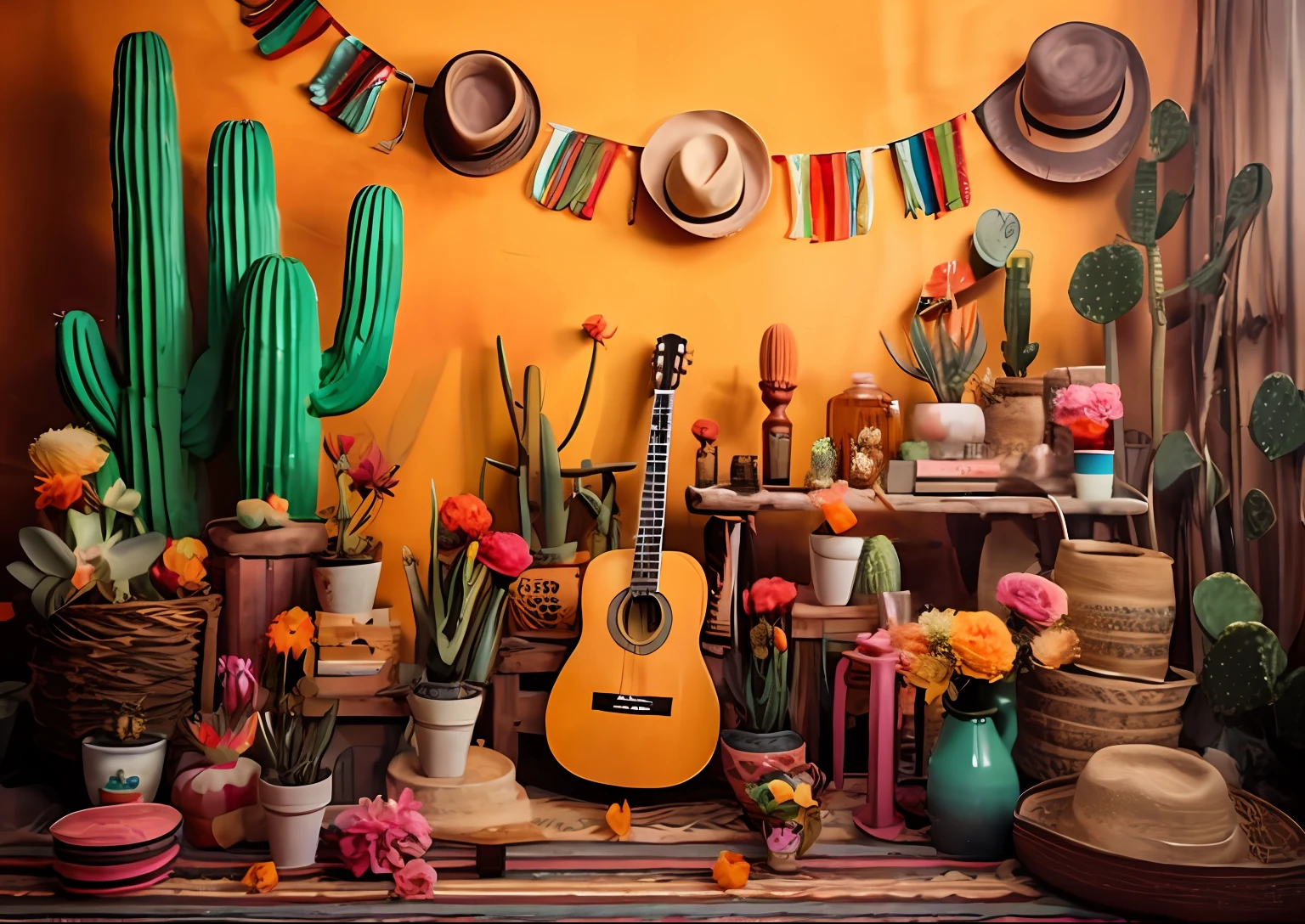 arafed cactus plants and hats are arranged in a room, mexican folklore, cottagecore hippie, colorful backdrop, perfect maximalistic composition, wild west theme, wild west setting, detailed image, still life photo of a backdrop, cactus and flowers, colorful bottles and plants, with cactus plants in the room, western saloon theme, mexican desert, photoshoot