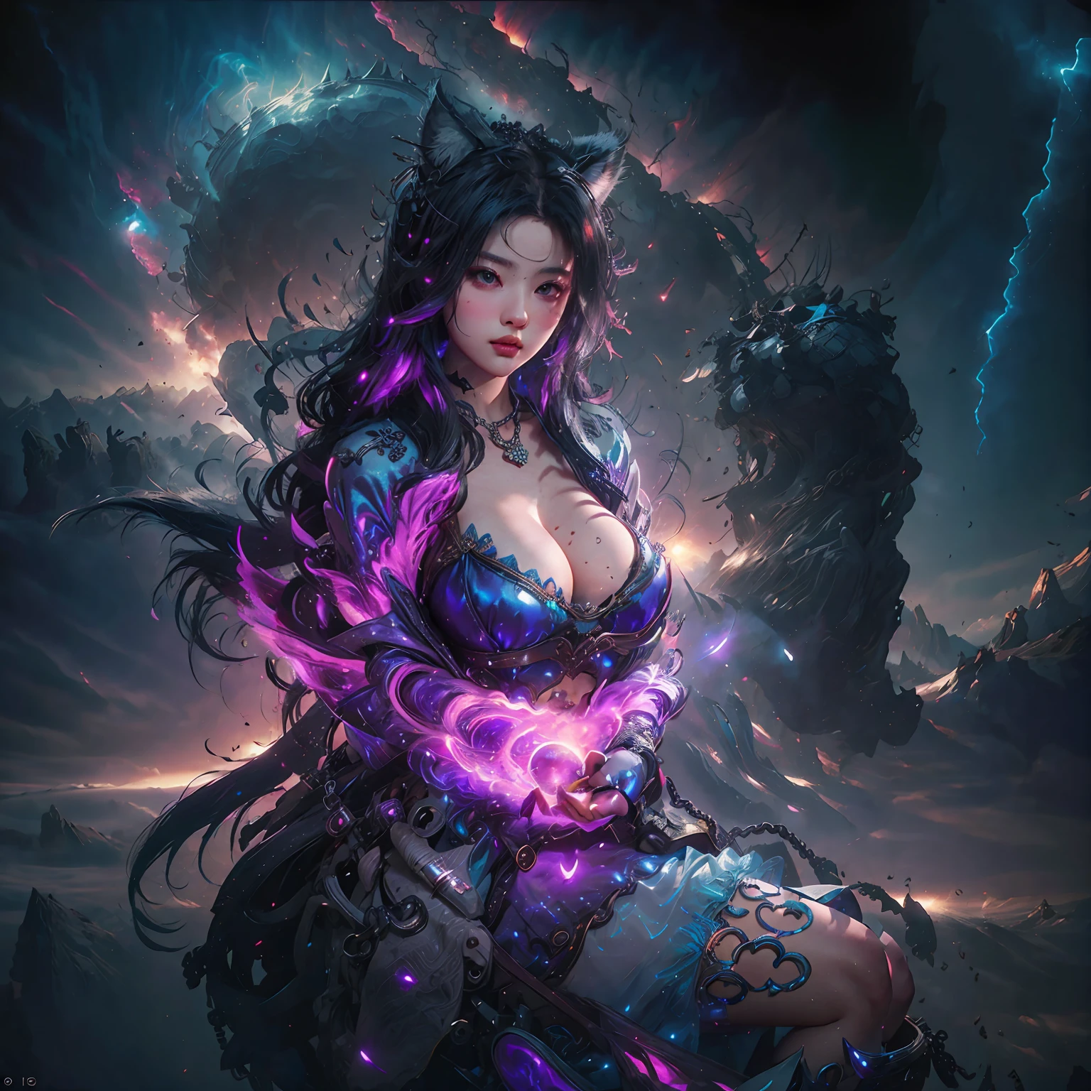 1 girl, Beautiful photorealistic Prestige KDA all out Ahri from League of Legends blushing, string bikini armor, Shibari, blindfold, electric chair, major cleavage, breast indentation, Ahri inside a Runeterra prison, slave collar, chain around her neck, roleplay bdsm, high fantasy, gravure, lewd, busty, highly detailed, 8k, high resolution, solo, big juicy lips, thick juicy thighs, makeup, large shiny breasts, gloves, looking at viewer, photorealistic, Cinema 4D, octane render, innovative, sexy, curvy but slender, mystical aura, smokey mist around Ahri, illuminati style, use advanced machine learning to create the perfect succubus waifu Ahri alone sitting in an electric chair, exposed camel toe, vice magazine photography style, trending on Pixiv, trending on civitai, perfect composition, sfw, professional quality, unreal engine --auto