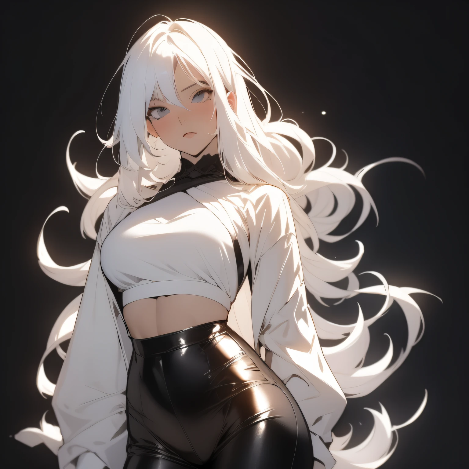 ((Absurdres)), ((best quality)), ((masterpiece)), ((Simon Bisley)), (((wimple))), Beautiful elegant anime woman and small breasts wearing white blouse and dark tight pants, white hair, 30 years old, fit and tall body, two-piece outfit, generous neckline, cute face, Sexy standing pose, black background, grayscale image