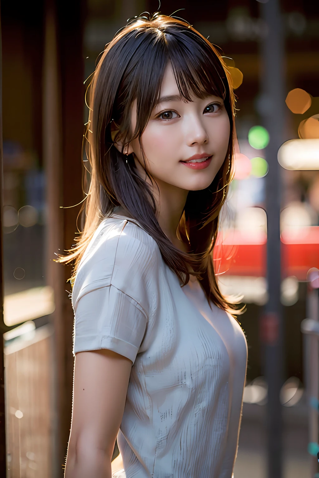 (8k, RAW photo, best quality, masterpiece:1.2), (realistic, photo-realistic:1.37), ultra-detailed, ultra high res,1 girl,looking at viewer,beautiful detailed face,smile,narrow,(slim waist:1.3),shirt, beautiful detailed skin, skin texture, floating hair,professional lighting,