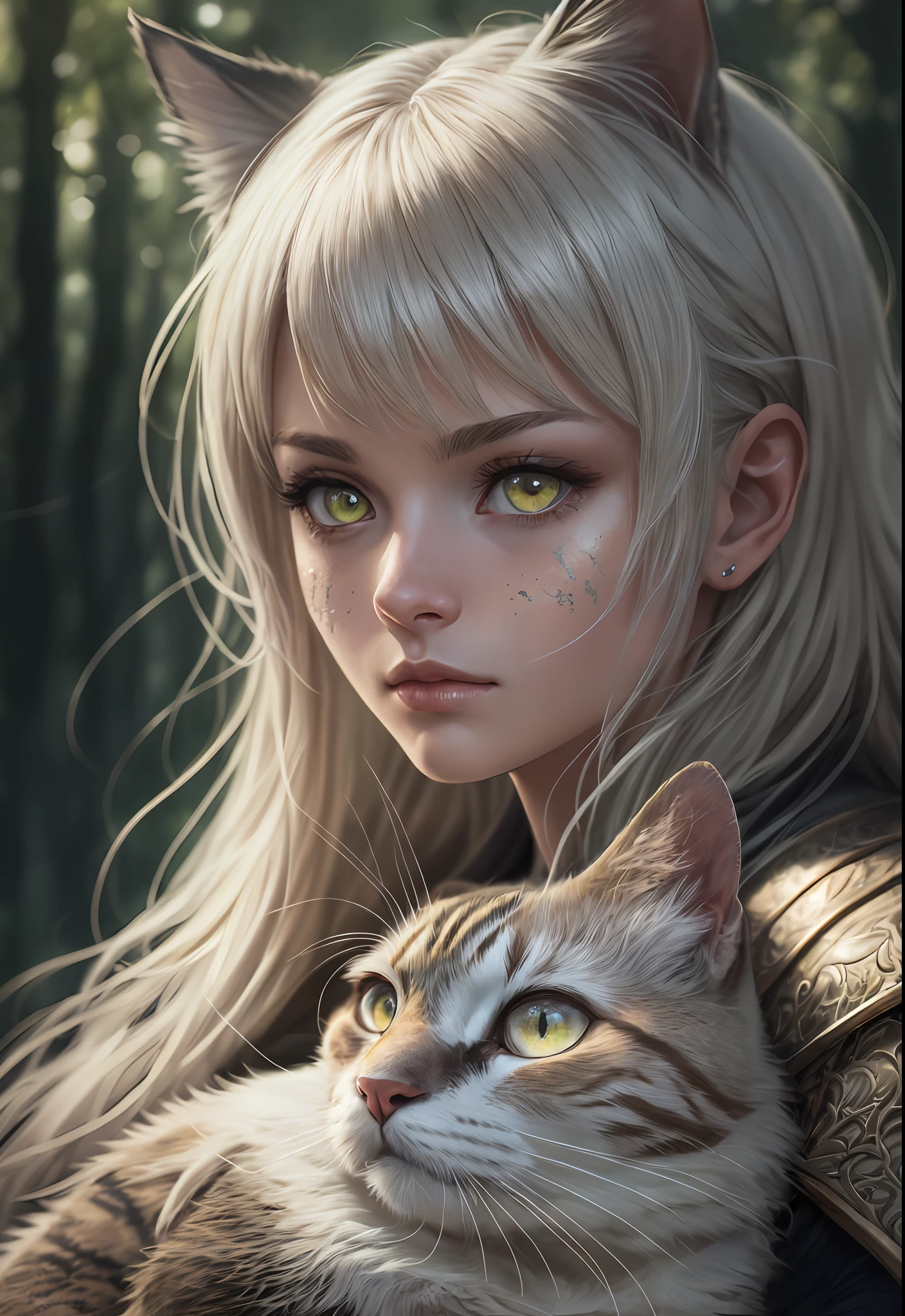 girl holding cat, cat ears, chibi, blue, gold, white, purpple, dragon scaly armor, forest background, fantasy style, (dark shot:1.17), epic realistic, faded, ((neutral colors)), art, (hdr:1.5), (muted colors:1.2), hyperdetailed, (artstation:1.5), cinematic, warm lights, dramatic light, (intricate details:1.1), complex background, (rutkowski:0.8), (teal and orange:0.4), colorfull, (natural skin texture, hyperrealism, soft light, sharp:1.2), (intricate details:1.12), hdr, (intricate details, hyperdetailed:1.15), white hair,