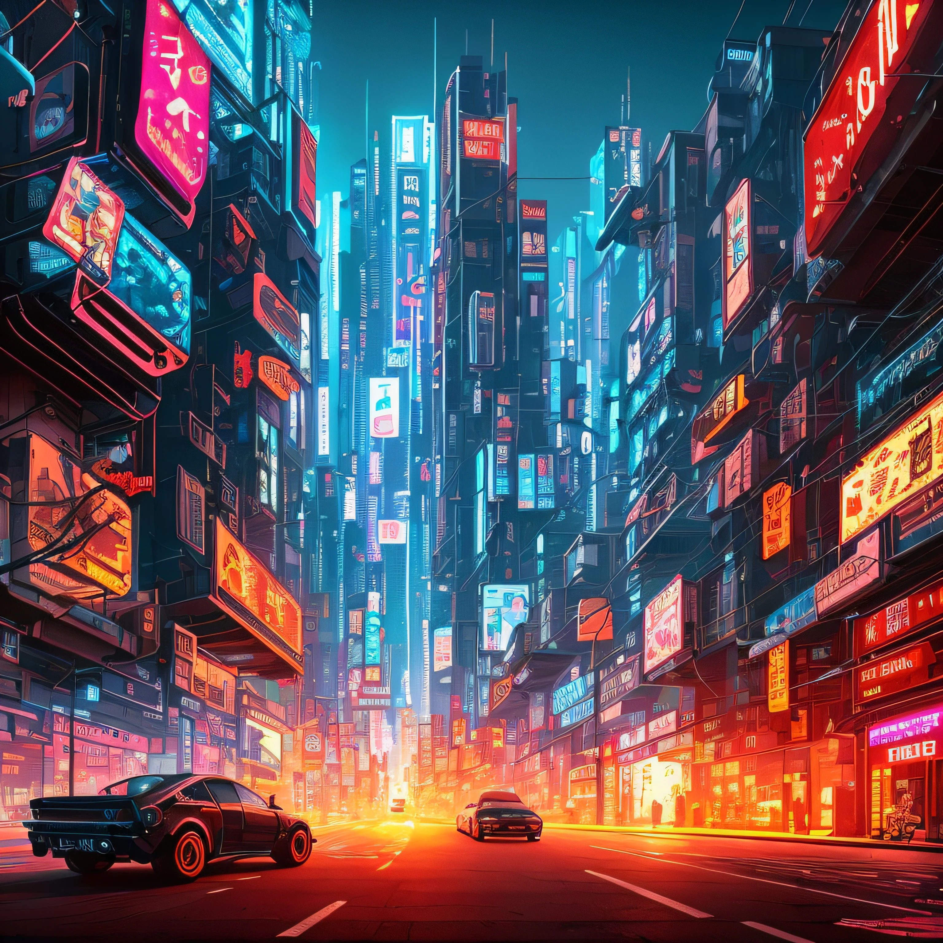 a picture illustration of a city street with neon signs and cars, futuristic street, futuristic city street, cyberpunk city street, in a futuristic cyberpunk city, cyberpunk street, busy cyberpunk metropolis, sci-fi cyberpunk city street, in cyberpunk city, cyberpunk art style, dan mumford. 8 k octane render, cyberpunk night street, cyberpunk streets at night, cyberpunk street at night