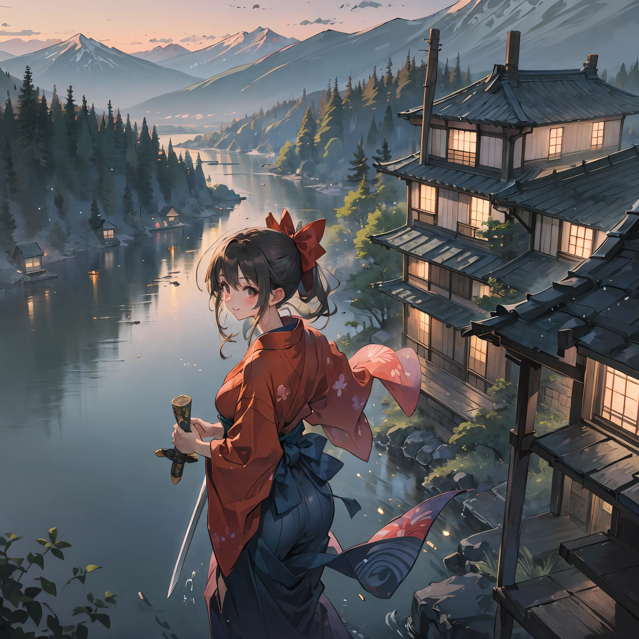 Masterpiece, super high quality, super detail, perfect drawing, beautiful girl in loincloth, Japan outfit, shirtless, bountiful breasts, back appearance, cute face, big ass, looking back with a cute smile, 3 sizes B95W60H90, Beautiful Girl, Samurai, in yukata, Black Ponytail, Hair tied up with a large red ribbon, Equipped with two Japan swords,blush (0.2), night view, coolness, scenic,elegance, beautiful background, accurate drawing, detailed drawing --auto