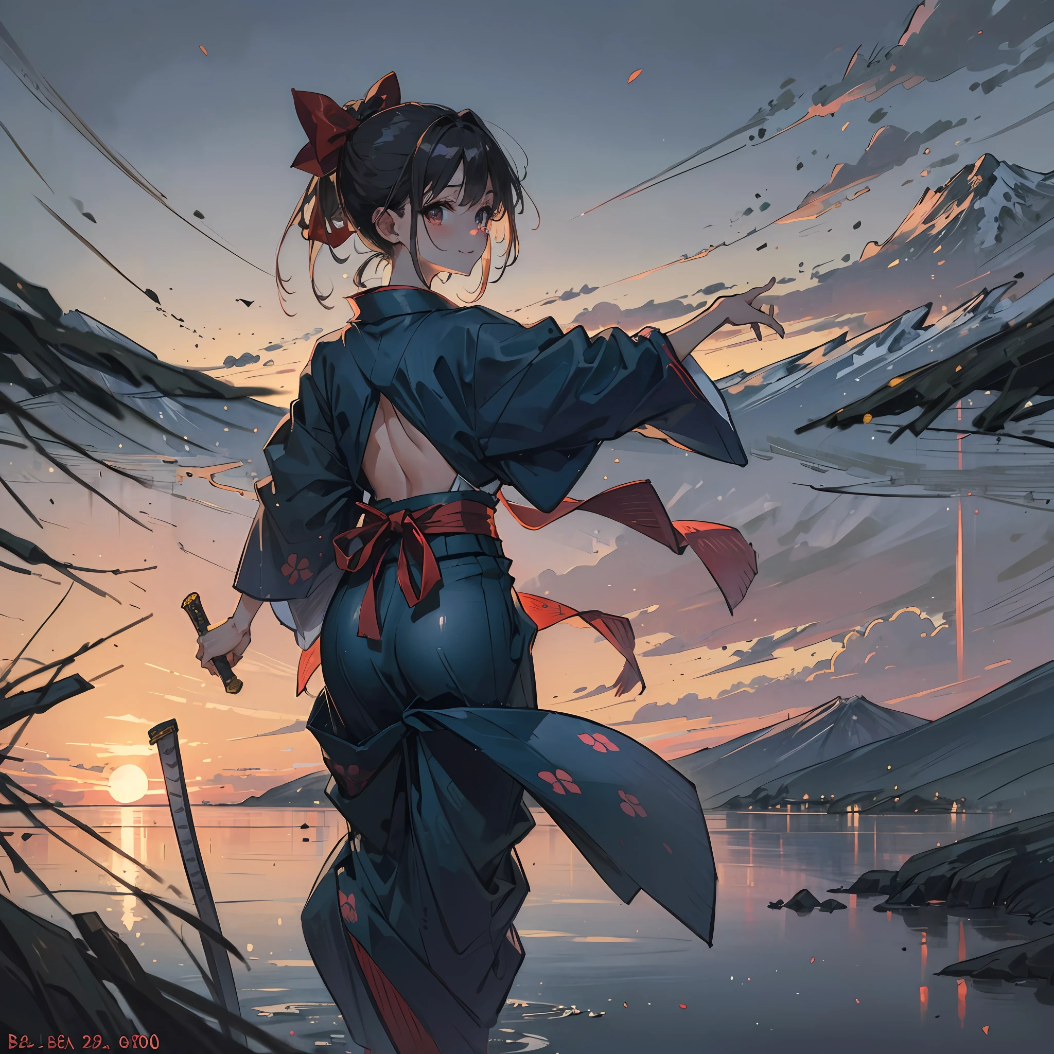 Masterpiece, super high quality, super detail, perfect drawing, beautiful girl in loincloth, Japan outfit, shirtless, bountiful breasts, back appearance, cute face, loli big ass, looking back with a cute smile, 3 sizes B95W60H90, Beautiful Girl, Samurai, in yukata, Black Ponytail, Hair tied up with a large red ribbon, Equipped with two Japan swords,blush (0.2), night view, coolness, scenic,elegance, beautiful background, accurate drawing, detailed drawing --auto
