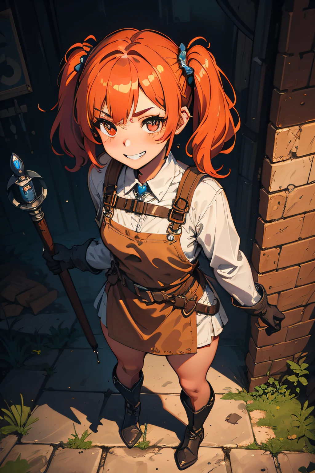 1girl, solo, looking at viewer, masterpiece, best quality, dwarf, blacksmith, workshop, minigirl, from above, looking up, twin tails, short hair, goggles. medieval, mechanic, grin, apron, tools, tool belt, hammer, ginger hair, anvil, forge, work gloves, wide hips, dress