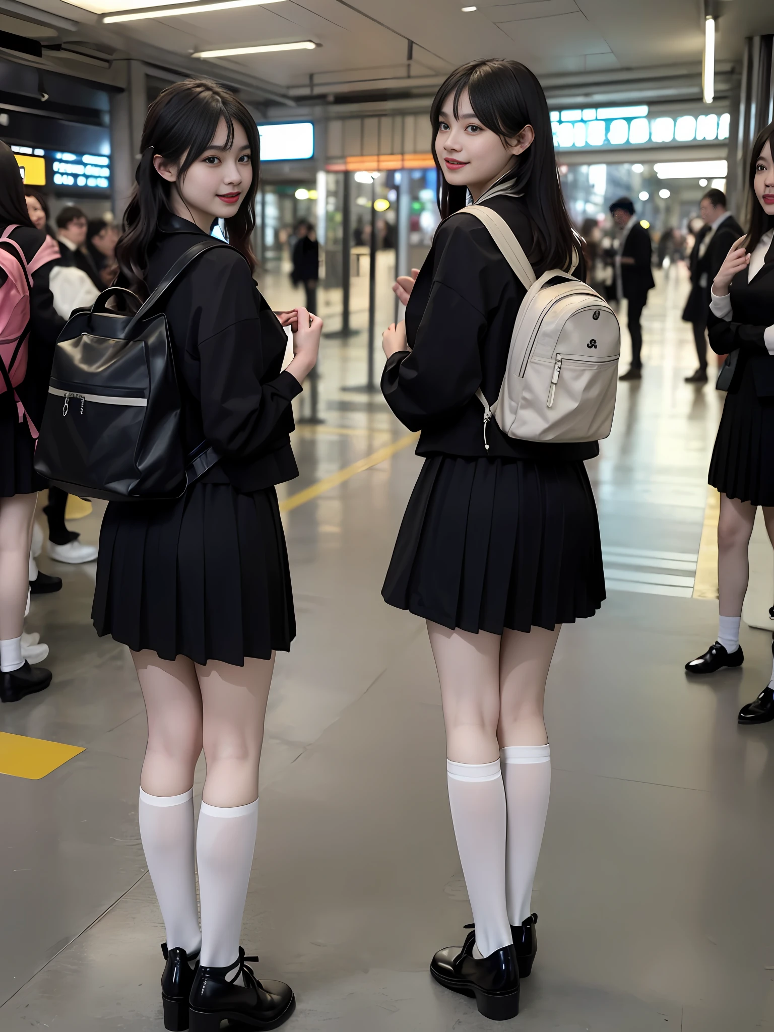 (8k, best quality, masterpiece: 1.2), (realistic, realistic, photorealistic: 1.37), hyper detail, beautiful detail eyes, beautiful detail nose, (((1girls))), twin girls, sailor suit, pleated skirt, full body photo, shoes, subway station, smile, crowds, standing, carrying a school bag, (((turn back, look back)))