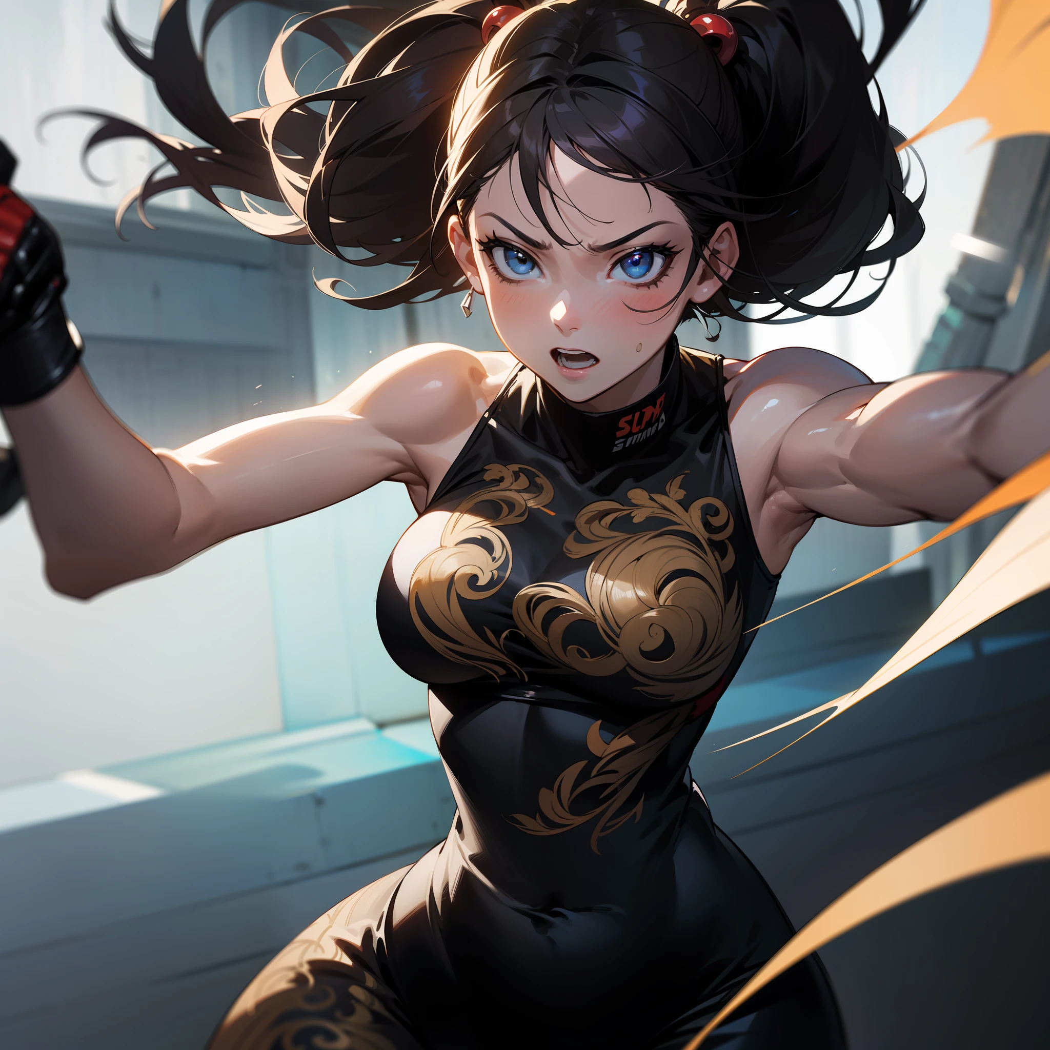 Illustration of an MMA fighter girl in dynamic combat pose, facial expression of fury, hot body, nice boobs, detailed face, intricate datails, glowing skin, stylish rocker, cinematic lighting, super detail, best quality, masterpiece, anatomically correct, textured skin, super detail, high details, high quality, Artstation. background, a cinematic ring.