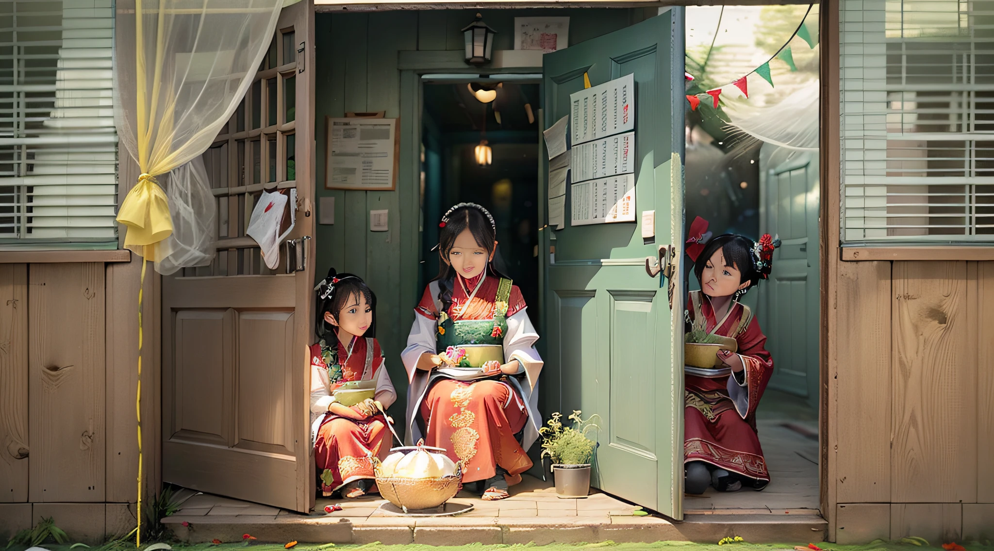 (Masterpiece, best quality), a family watching a dragon boat race while wrapping triangular rice dumplings, red, yellow, green silk threads: people will hang red, yellow and green silk threads in front of the door, these threads are believed to ward off evil spirits and protect against evil spirits, clouds, sun, festive atmosphere.