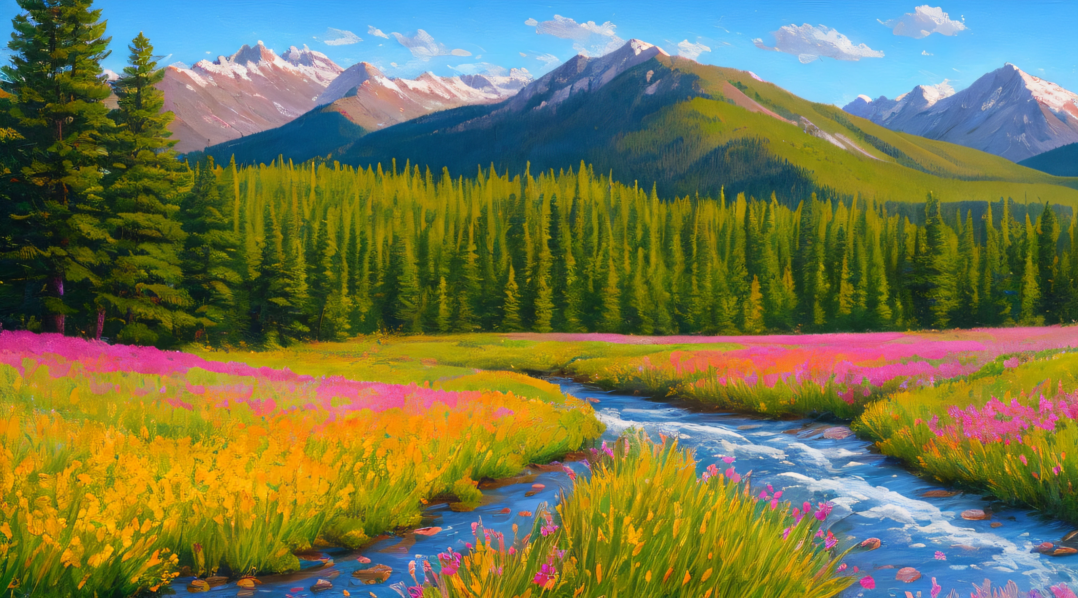 Create an expressive oil painting of a sunlit Colorado meadow, showcasing vibrant wildflowers, gently rolling hills, and a backdrop of towering mountain peaks. The style should be inspired by Impressionist paintings, with a focus on loose brushstrokes, vivid colors, and capturing the essence of the scene. Incorporate elements like aspen trees, grazing wildlife, and a meandering stream, creating an inviting and tranquil atmosphere. The color palette should include a variety of warm and cool colors, reflecting the changing light and natural beauty of the Colorado landscape. The composition should be a mid-range shot using a virtual 50mm lens, emphasizing the sense of depth and the captivating interplay of light and color