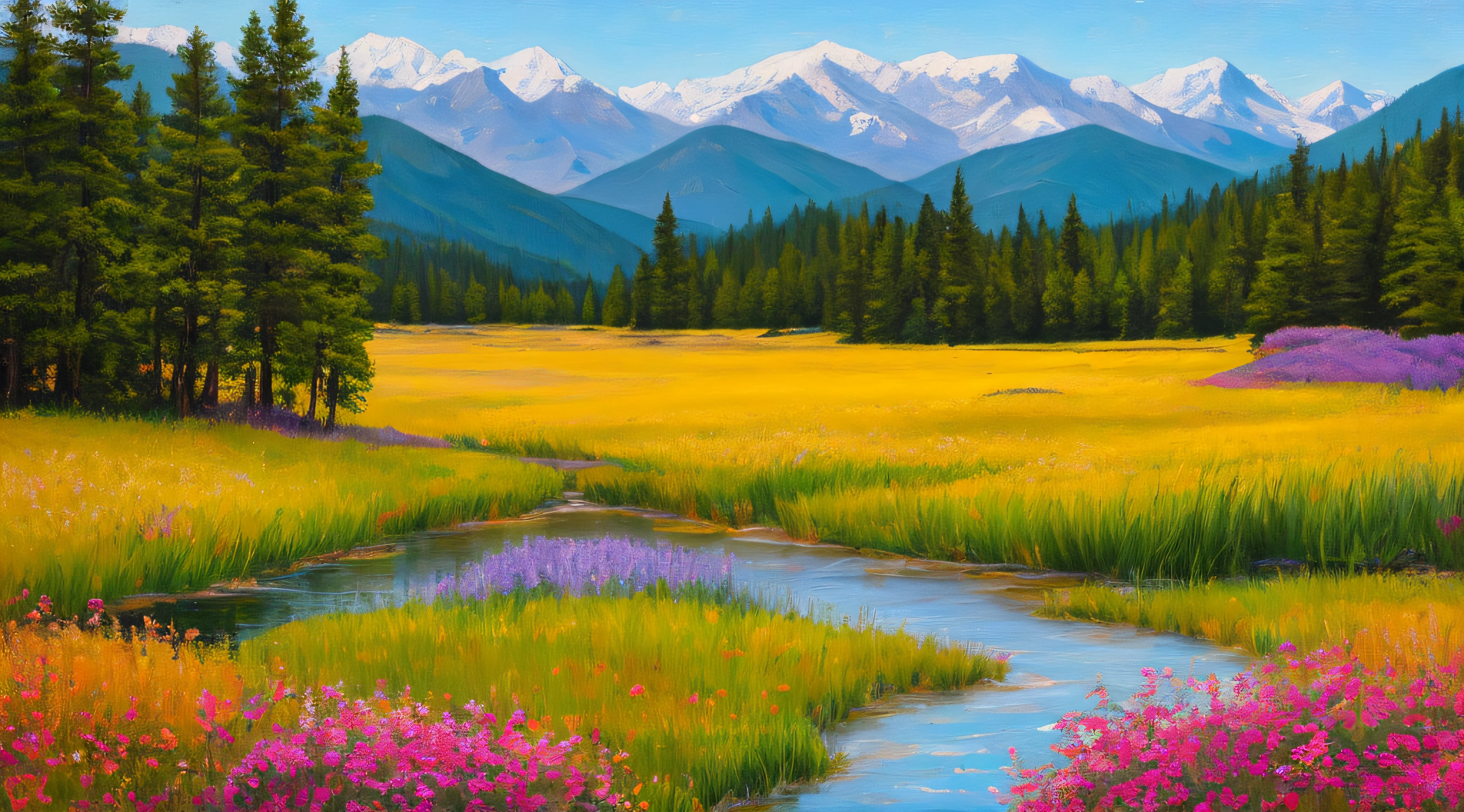 Create an expressive oil painting of a sunlit Colorado meadow, showcasing vibrant wildflowers, gently rolling hills, and a backdrop of towering mountain peaks. The style should be inspired by Impressionist paintings, with a focus on loose brushstrokes, vivid colors, and capturing the essence of the scene. Incorporate elements like aspen trees, grazing wildlife, and a meandering stream, creating an inviting and tranquil atmosphere. The color palette should include a variety of warm and cool colors, reflecting the changing light and natural beauty of the Colorado landscape. The composition should be a mid-range shot using a virtual 50mm lens, emphasizing the sense of depth and the captivating interplay of light and color