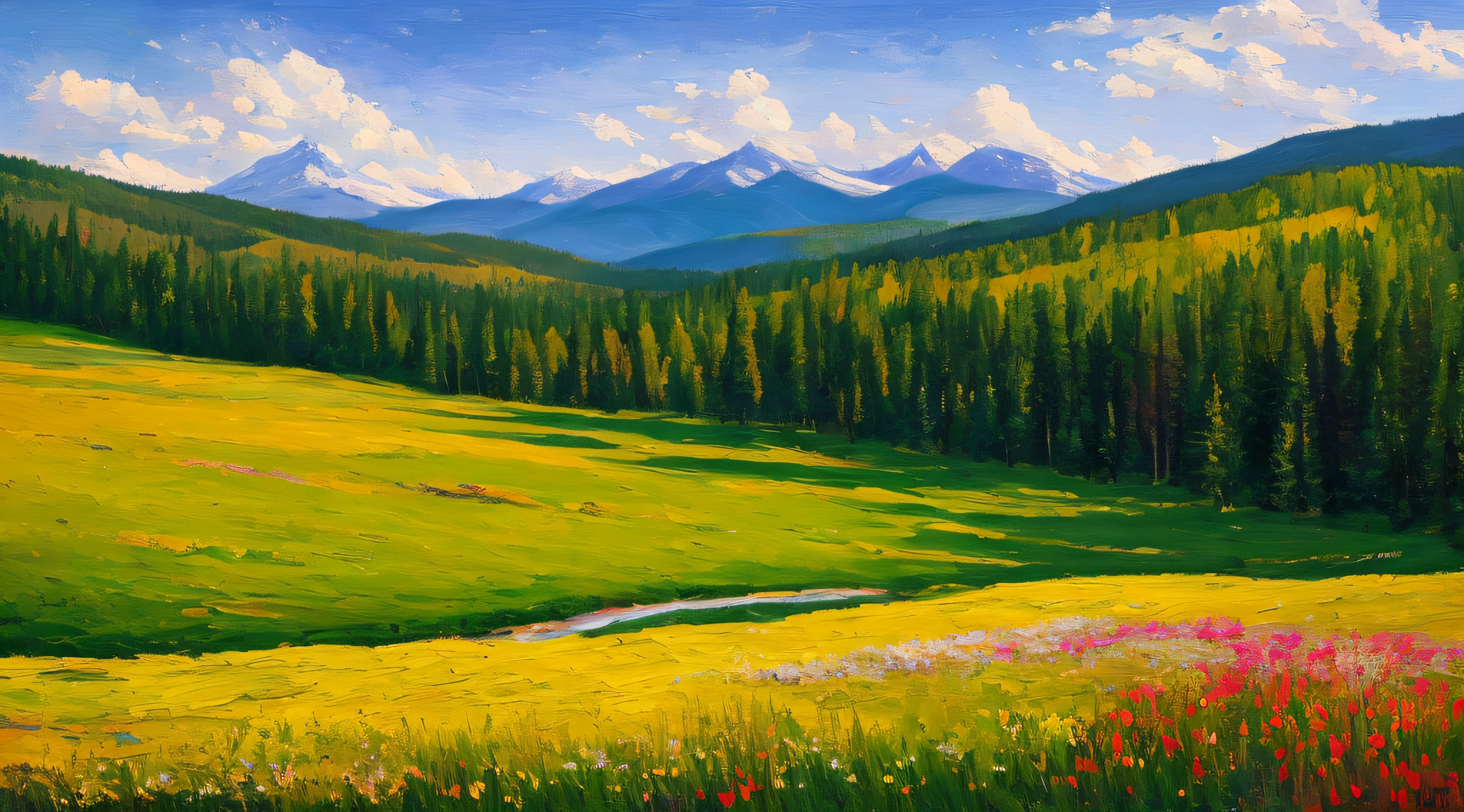 Create an expressive oil painting of a sunlit Colorado meadow, showcasing vibrant wildflowers, gently rolling hills, and a backdrop of towering mountain peaks. The style should be inspired by Impressionist paintings, with a focus on loose brushstrokes, vivid colors, and capturing the essence of the scene. Incorporate elements like aspen trees, grazing wildlife, and a meandering stream, creating an inviting and tranquil atmosphere. The color palette should include a variety of warm and cool colors, reflecting the changing light and natural beauty of the Colorado landscape. The composition should be a mid-range shot using a virtual 50mm lens, emphasizing the sense of depth and the captivating interplay of light and color