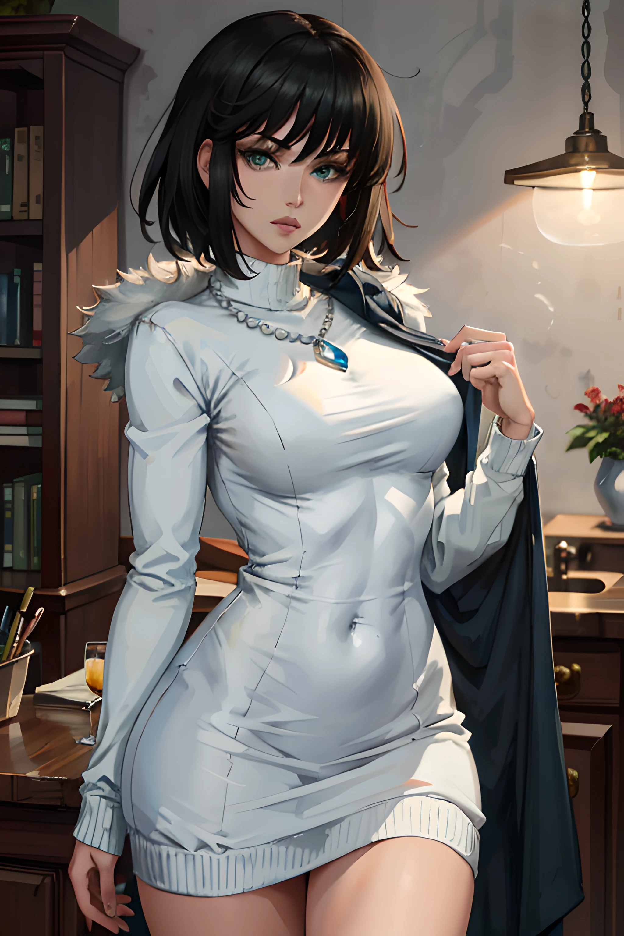 (masterpiece:2.2, best quality:4.0, beautiful, high quality, highres:4.1, aesthetic), detailed, extremely detailed, ambient soft lighting, 4K, perfect eyes, perfect face, perfect lighting, 1girl, bangs, black dress, black hair, breasts, covered navel, dress, fubuki \(one-punch man\), fur coat, green eyes, jewelry, large breasts, lips, looking at viewer, necklace, pearl necklace, short hair, simple background, solo, sweater, thighs, turtleneck, turtleneck dress. Fubuki One Punch Man usando um vestido preto e uma faixa em seus olhos