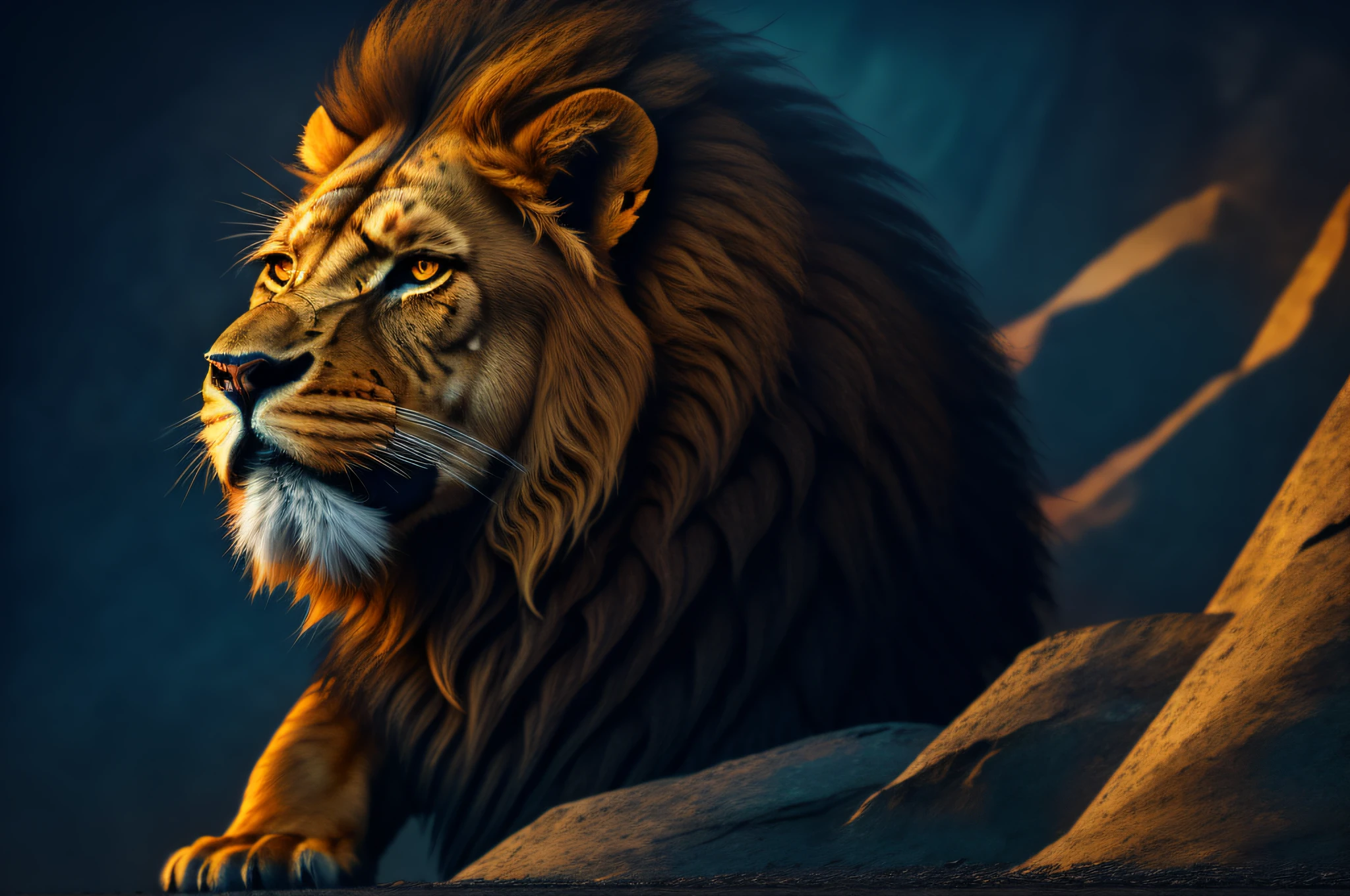 ultra wide angle, in focus, dark epic background, gorgeous lifelike, moody golden fur design, dynamic pose of a lion, the full and whole body, full length shot, hyper details, lighting art, cinematic, insane details, intricate details, hyperdetailed, goth, fractal, dark shot