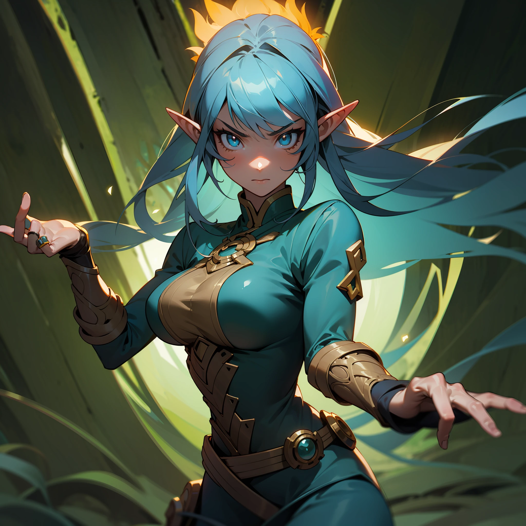 Illustration of an Elf warrior girl in dynamic combat pose in forest, facial expression of fury, hot body, nice boobs, detailed face, intricate datails, glowing skin, stylish rocker, cinematic lighting, super detail, best quality, masterpiece, anatomically correct, textured skin, super detail, high details, high quality, Artstation. background, a cinematic ring.