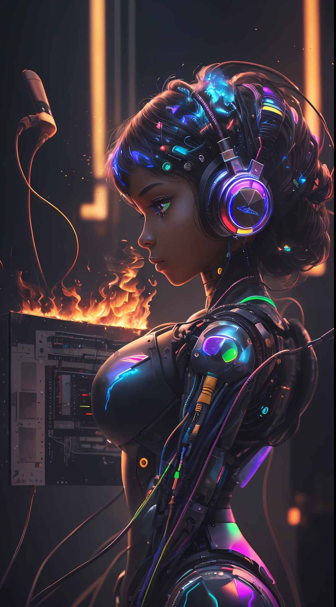 1girl, (((dark skin))) (masterpiece, best quality, highres, absurdres, detailed:1.2), humanoid, robot, wearing headphones, looking away, (cyberpunk, art canvas, paint brush, easel, iridescent, holographic: 1.6), (cables, wires, flames, fire, smoke, overheat, explosion, indoors, room, simple background)