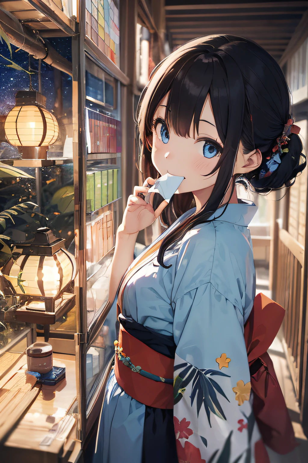 absurdres, highres, colorful ,vivid,
BREAK
one girl wearing blue kimono, (tanabata:1.2), colorful (Strip of papers:1.35) scattered mixed in (bamboo:1.15) (leaves:1.3) with (Square decorations:1.2) , (smile, happy), (starry) (night:1.2), from side, (griping and covering mouth with (Square) Strip of paper)
BREAK
blue eyes, (pale-blue) (long straight hair), long skirt
BREAK