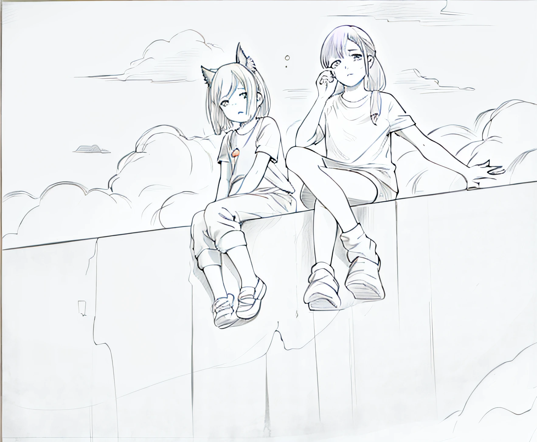 Two sitting on the city wall, hands on their hips, relaxed pose, casual pose, various poses, anime style 4k, left yellow-haired wolf-eared man, right purple-haired horned demon, abandoned city, dark style, cloudy, medieval, free coloring, 8k, anime art wallpaper 8k, after the war