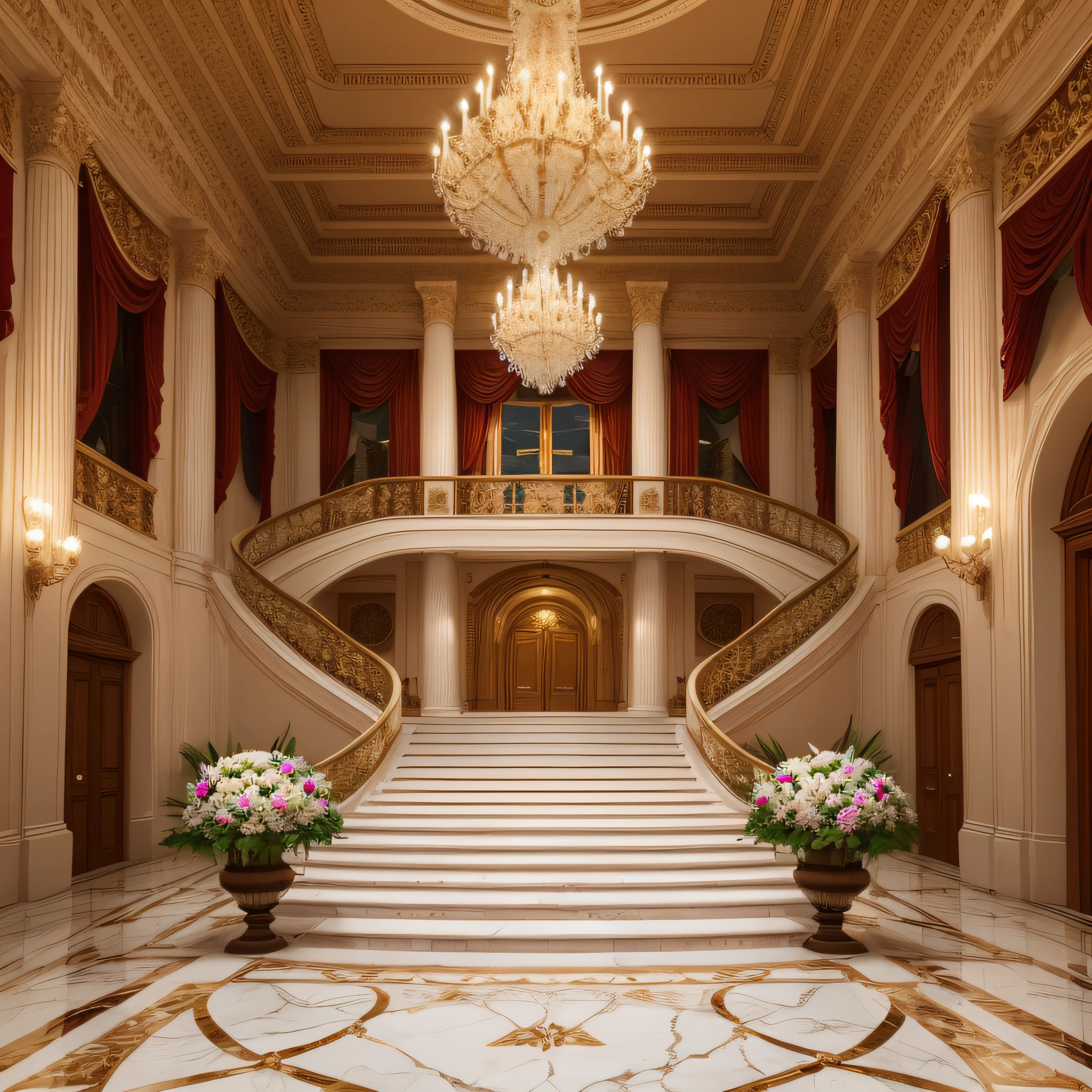 photo of, studio backdrop,a majestic white palace with a grand staircase of marble, adorned with intricate flower arrangements and illuminated by soft surround lighting., 8k, nikon professional photography, best quality, high quality, highres, high resolution fix --auto