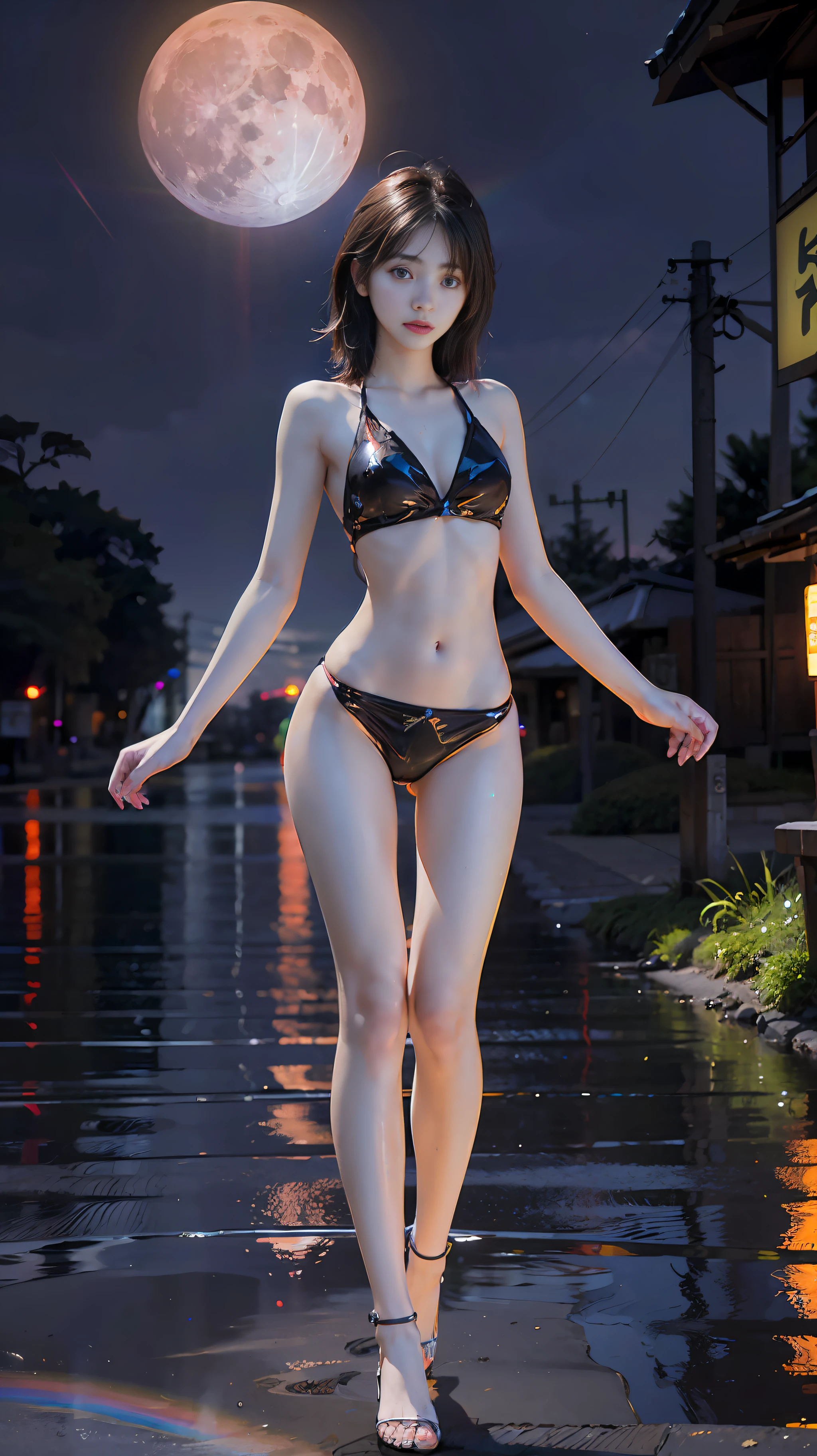 pale skin naked 1girl, masterpiece, best quality, ultra detailed RAW, high-resolution, ultra realistic, 16K, intricate details, full body, cinematic lighting, portrait, bokeh, (pale skin, fair skin, real skin, high detailed skin texture, abs, saggy boobs, slim body, skinny), (one large moon, reflection, night view, tokyo tower, Moonbow), ((biomechanized arms and biomechanized endoskeleton body with intricate details Rainbow Neon lighting pattern))