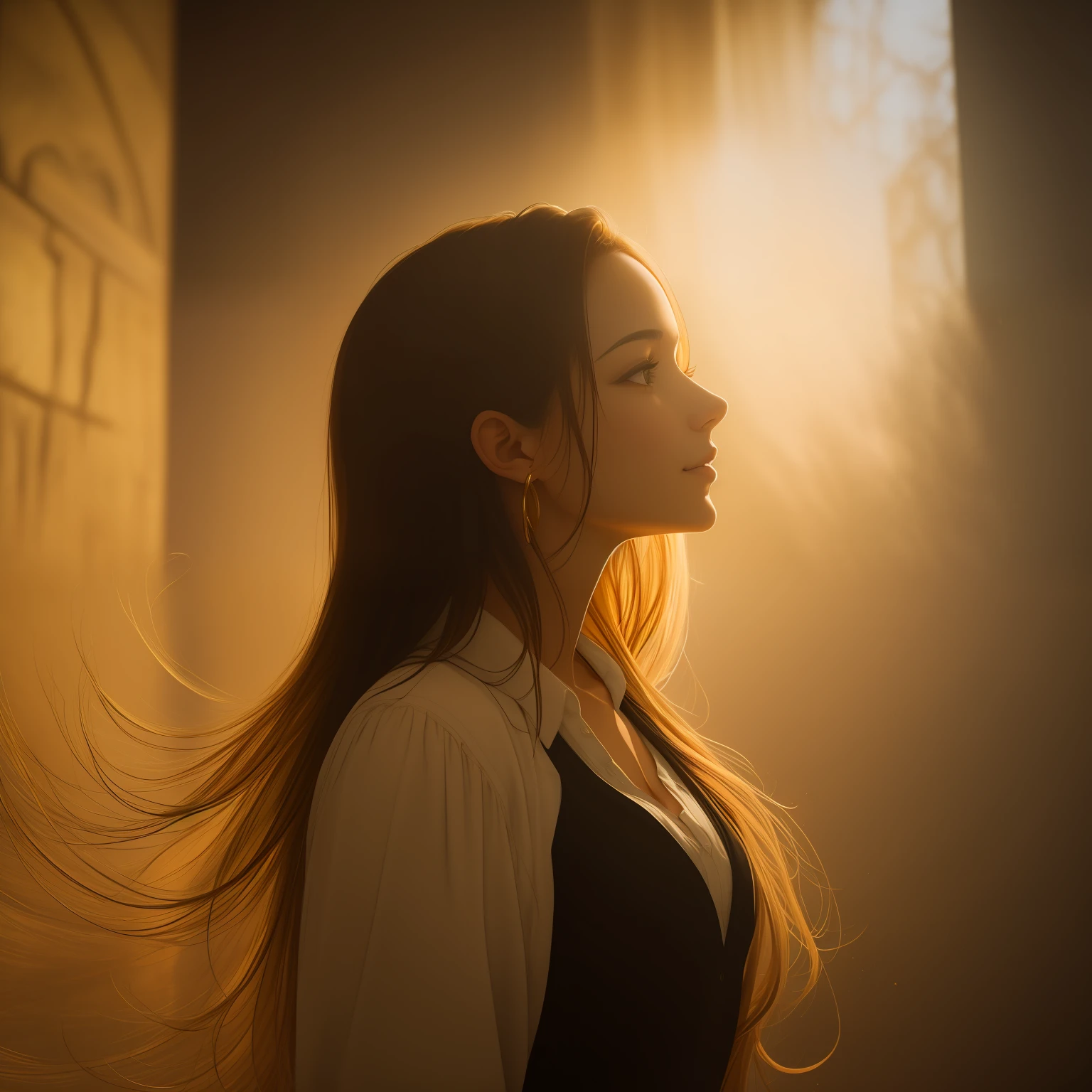 A striking image of a young woman passionately embracing her dream of attending a modern-day church. The room is bathed in warm, golden light, casting a soft glow on the woman and her warm-hearted, yet slightly disheveled attire. Soft, undulating shadows cast a dreamy atmosphere, drawing the viewer into the image. narrow aperture, high contrast, fast shutter speed