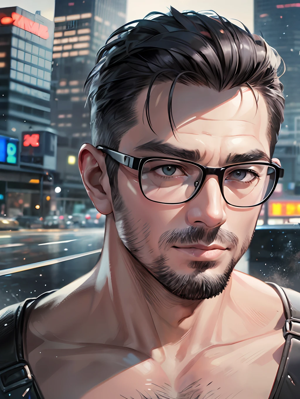 Create a photorealistic image of a 40-year-old man with an Asian face and a handsome appearance. He should be wearing thick black-rimmed glasses (Tom Ford), have dignified thin eyebrows, and a side-shaved, slicked-back hairstyle with black hair. His eyes should be long and narrow, exuding an IT, futuristic, and Android-like vibe. The image should be rendered in high-resolution 16k quality, using a Nikon D850 DSLR camera with a 85mm lens, with an ISO setting of 100 and a shutter speed of 1/125