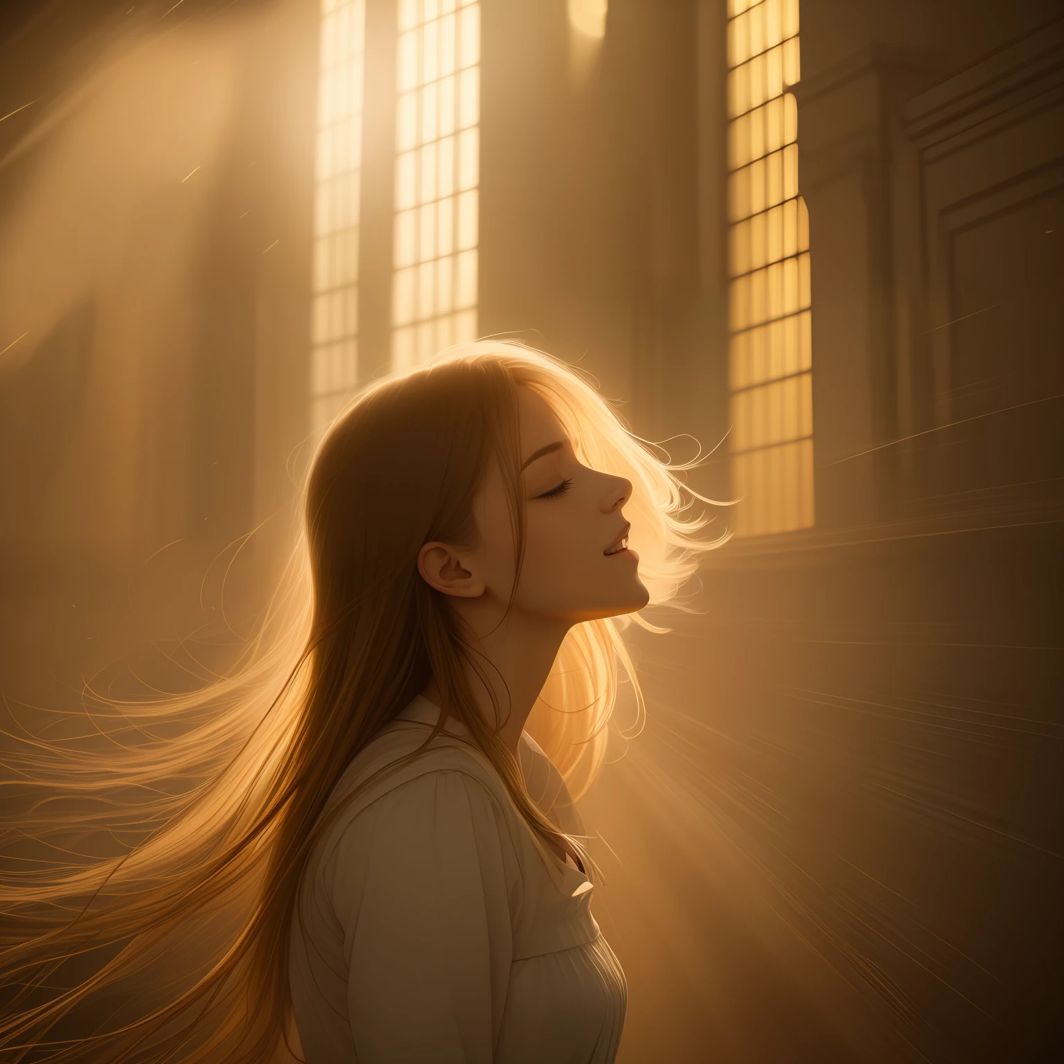 A striking image of a young woman passionately embracing her dream of attending a modern-day church. The room is bathed in warm, golden light, casting a soft glow on the woman and her warm-hearted, yet slightly disheveled attire. Soft, undulating shadows cast a dreamy atmosphere, drawing the viewer into the image. narrow aperture, high contrast, fast shutter speed