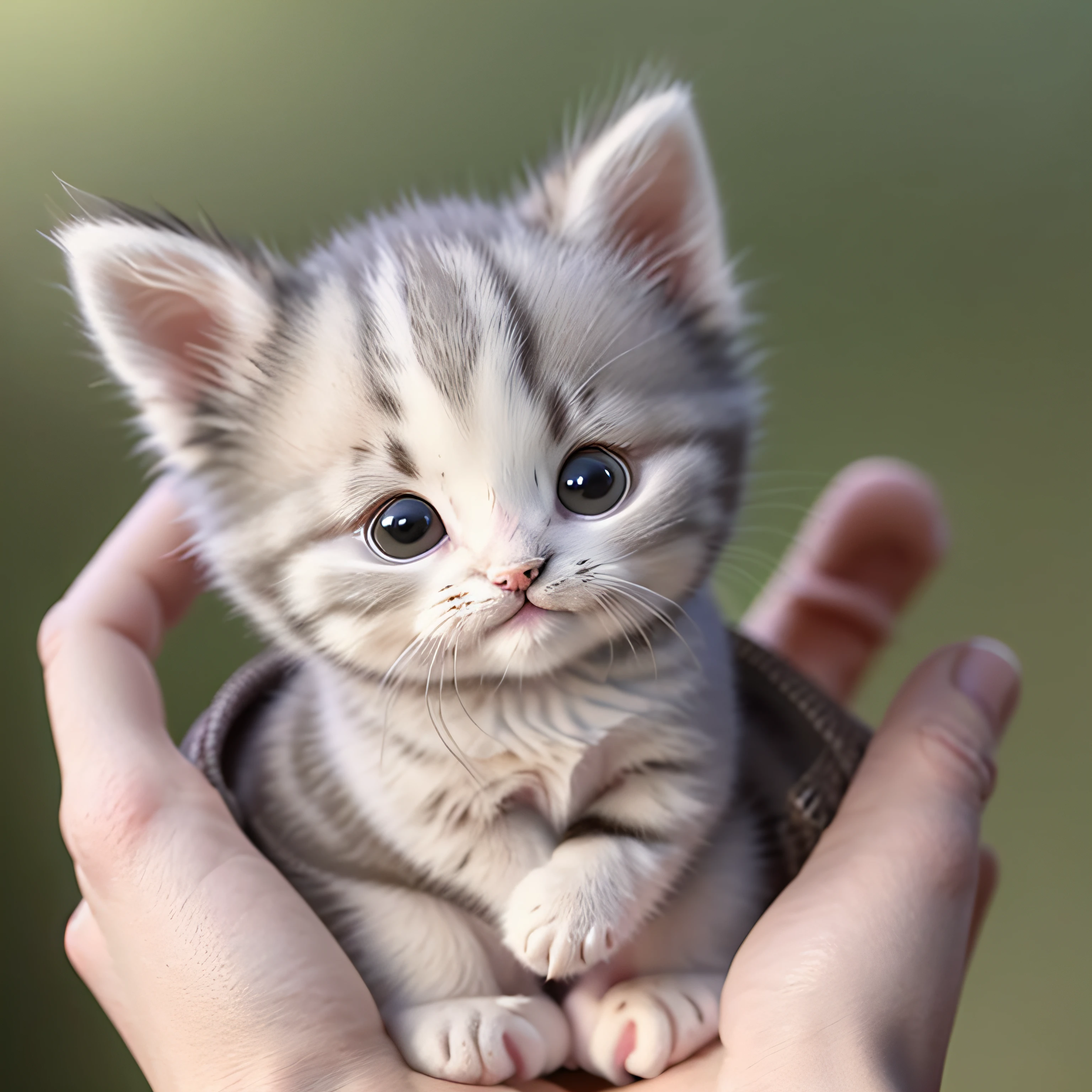 a small kitten sitting on a person's hand, Miniature kittens, animal focus, whiskers, looking at viewer, realistic, pov hands, blurry background