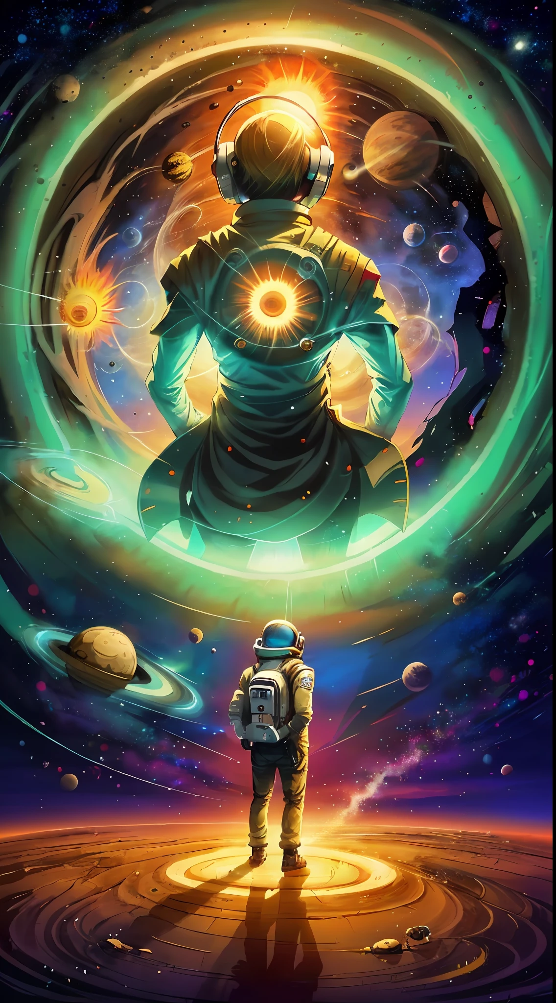 a man standing in front of a space portal with a view of the sun, cyril rolando and goro fujita, portal to another universe, inspired by Cyril Rolando, portal to another dimension, world seen only through a portal, high quality fantasy stock photo, portal to another world, portal to outer space, in style of cyril rolando, looking out into space