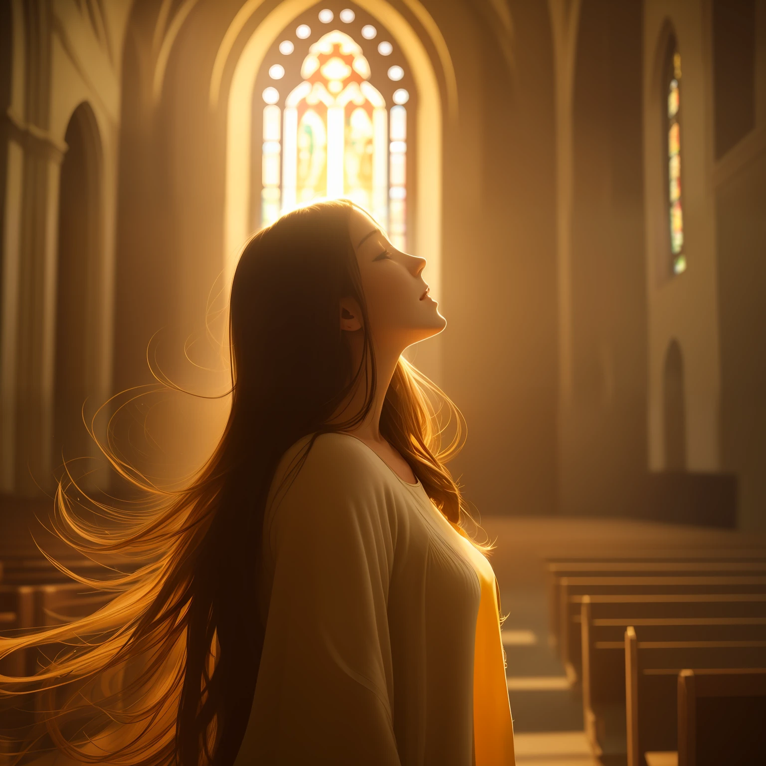 A striking image of a young woman passionately embracing her dream of attending a modern-day church. The room is bathed in warm, golden light, casting a soft glow on the woman and her warm-hearted, yet slightly disheveled attire. Soft, undulating shadows cast a dreamy atmosphere, drawing the viewer into the image. narrow aperture, high contrast, fast shutter speed