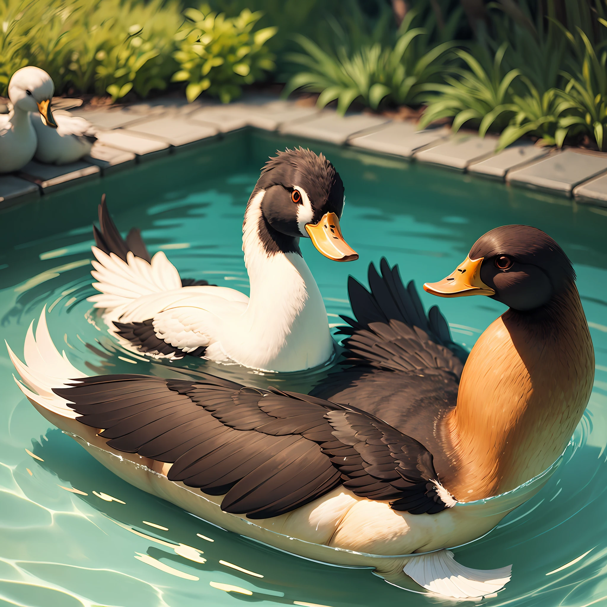 A male duck swimming in a lake next to a female paw --auto
