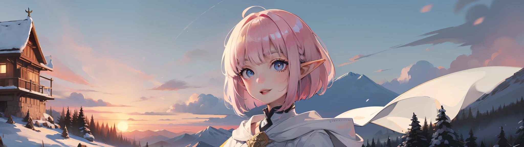 ((Top Notch Masterpiece)), (Best Quality), (High Resolution), (Elf Girl), (Beautiful Pink Bob Cut:1.1), (White Cloak:1.2), (Beautiful Eyes:1.3),Smile, Snowy Mountain Peaks Background, (Bust Shot:1.2)