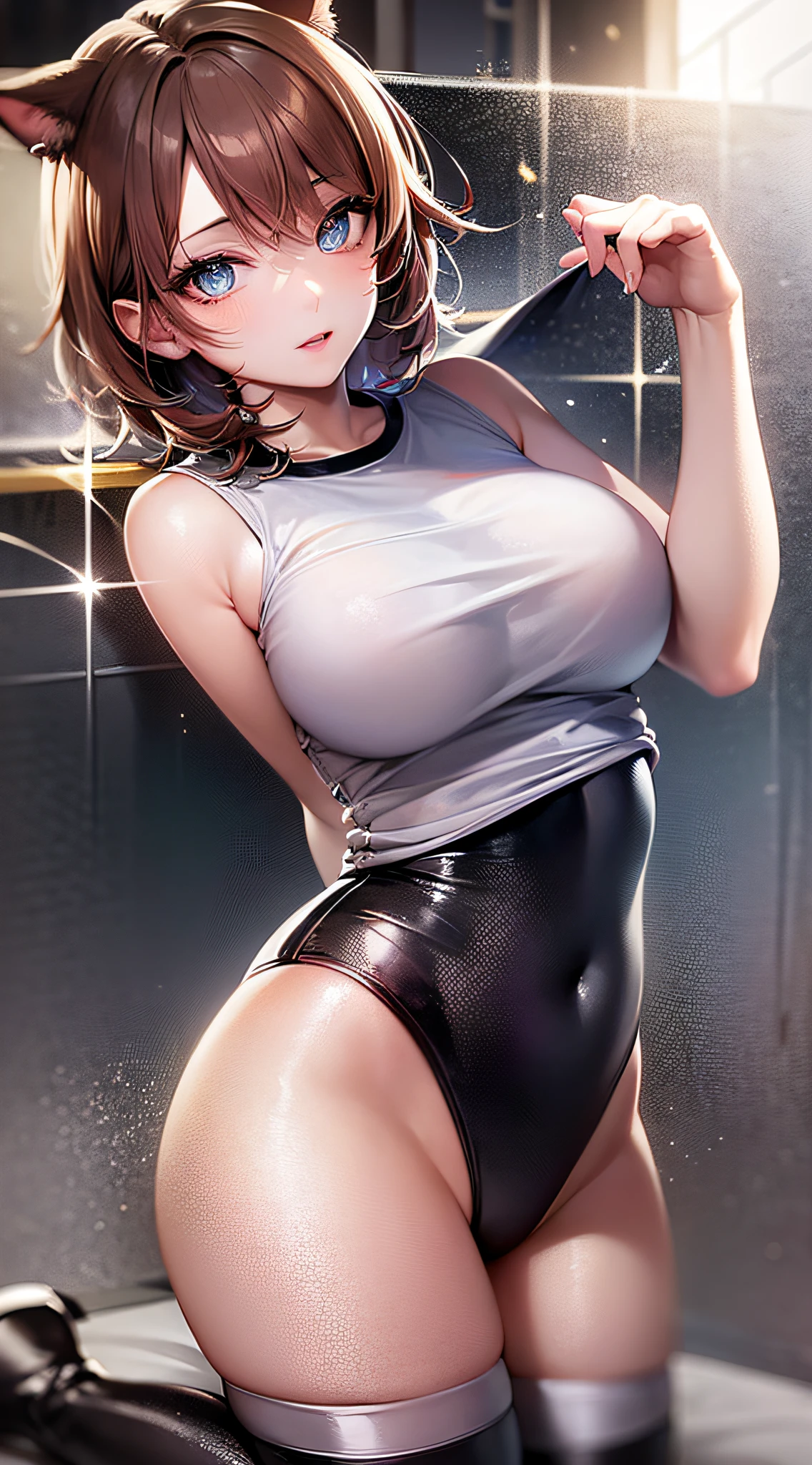 (((Masterpiece))), 1girl, super detailed, hyper-realistic face, (uettish expression), gym uniform, luminescent cat ears, ((super cute face)), ((angelic face)), ((incredibly beautiful eyes)), (luminous eyes), (full body), pink boots, (brown hair), super sexhort hair, (delicate and perfect hands), (perfect anatomy), super delicate and sexy b, sexy pose(ulzzang)), (super thin face), delicate features, ultra detailed, best quality, cinematic lighting, captivating beauty, sexy look