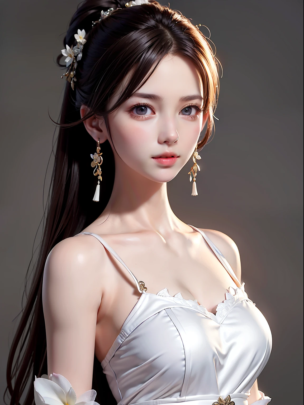 Canon 5DMk2 135mm, (highest quality) (masterpiece)), intricate details, sharp focus, professional, photorealistic, ultra-realistic, photorealism, silhouette lights, fine indications, top quality, CG Unity wallpapers highly detailed 8k, perfect artwork, full body, shiny hair, shiny eyes, glowing skin, 3 perfect realistic female figures, narrow waist, camera gaze, lace, seductive posture, sexy pose, Very delicate and beautiful girl, top quality, beautiful details, beautiful detailed eyes, soft lighting on the face, movie lighting, transparency, white ancient Chinese folk costume, see-through material, buttocks exposed, realistic expression of face, (complex details, makeup, (beautiful delicate face details, Beautiful detailed delicate eyes, perfectly proportioned face, highly detailed skin, detailed skin, best proportions four fingers and thumb, arms under chest, big big breast, smooth abdomen, thin and thin, fashion, solo, (young), highlighted face, detailed face, white skin, brown hair, ponytail, braided hair, big eyes, earrings, slim body, transparent background, professional lighting, One girl, coiled hair, big, 27 years old,