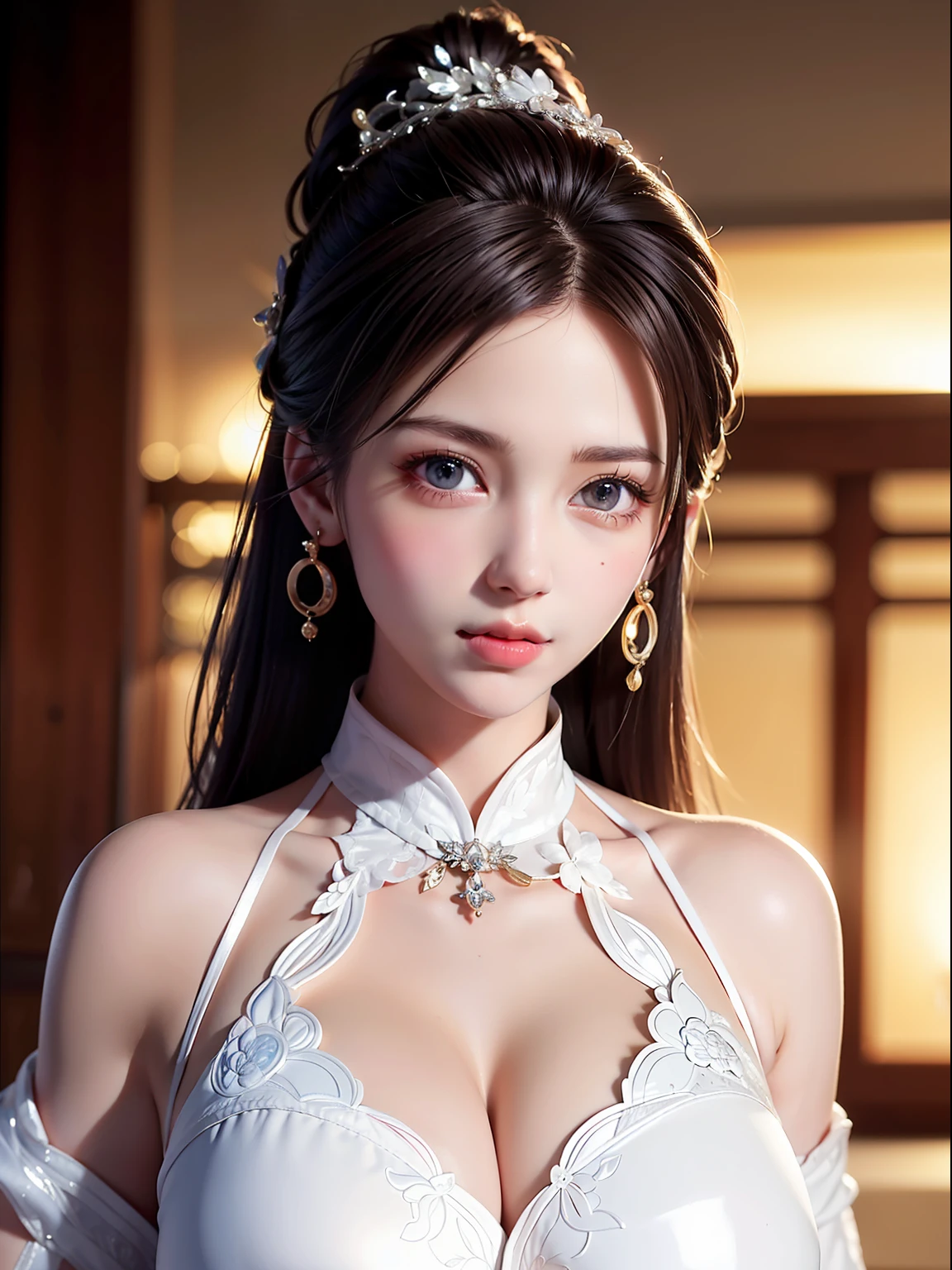 Canon 5DMk2 135mm, (highest quality) (masterpiece)), intricate details, sharp focus, professional, photorealistic, ultra-realistic, photorealism, silhouette lights, fine indications, top quality, CG Unity wallpapers highly detailed 8k, perfect artwork, full body, shiny hair, shiny eyes, glowing skin, 3 perfect realistic female figures, narrow waist, camera gaze, lace, seductive posture, sexy pose, Very delicate and beautiful girl, top quality, beautiful details, beautiful detailed eyes, soft lighting on the face, movie lighting, transparency, white ancient Chinese folk costume, see-through material, buttocks exposed, realistic expression of face, (complex details, makeup, (beautiful delicate face details, Beautiful detailed delicate eyes, perfectly proportioned face, highly detailed skin, detailed skin, best proportions four fingers and thumb, arms under chest, big big breast, smooth abdomen, thin and thin, fashion, solo, (young), highlighted face, detailed face, white skin, brown hair, ponytail, braided hair, big eyes, earrings, slim body, transparent background, professional lighting, One girl, coiled hair, big, 27 years old,