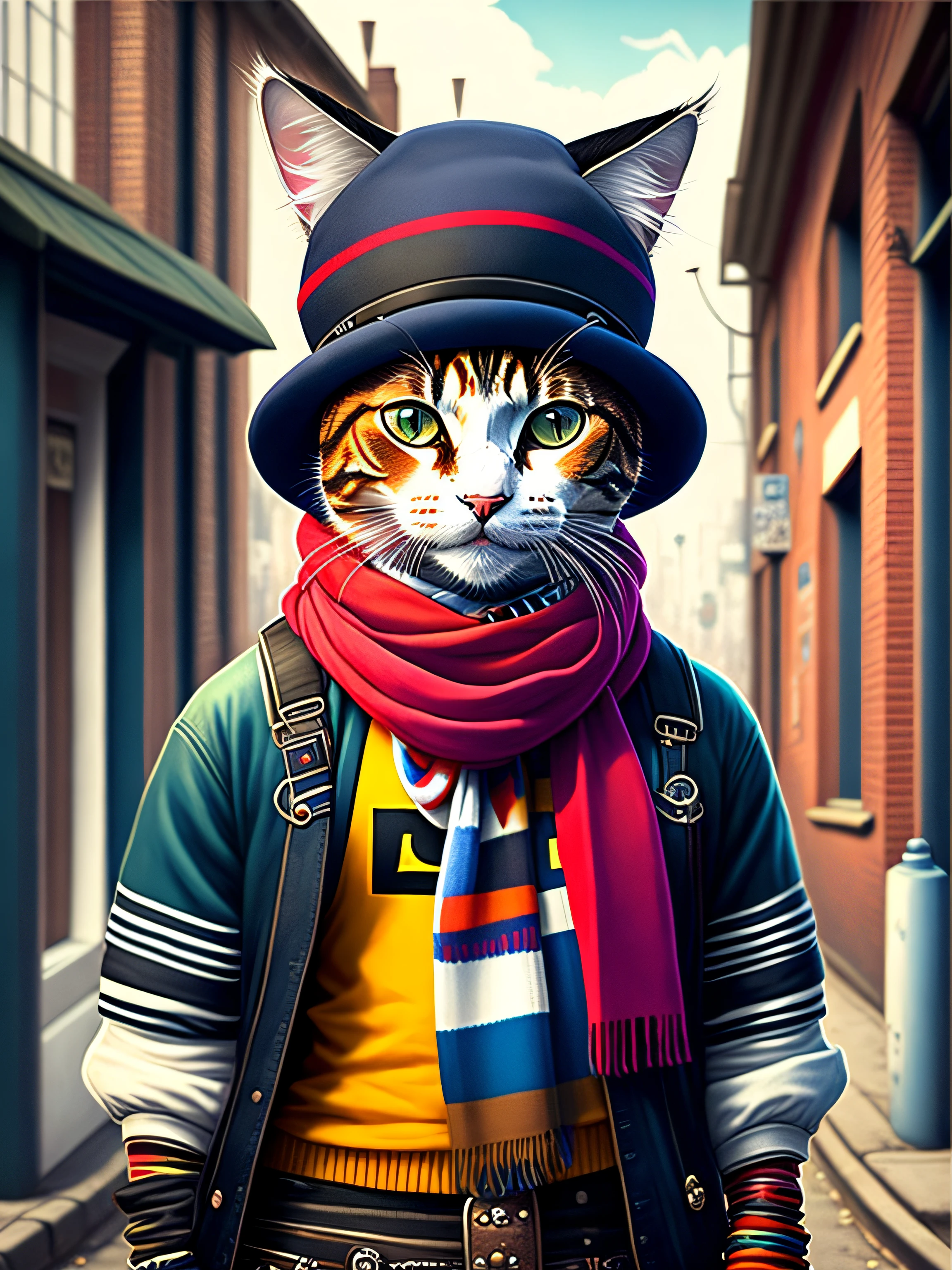 A painting of a black cat with hat and scarf, trend in art station, dressed in punk clothes, hyper-realistic detailed rendering, British gang member, urban style, intimidating pose, planet of cats, fashionable clothing, urban samurai, meow, west Slavic features, 8 1 5