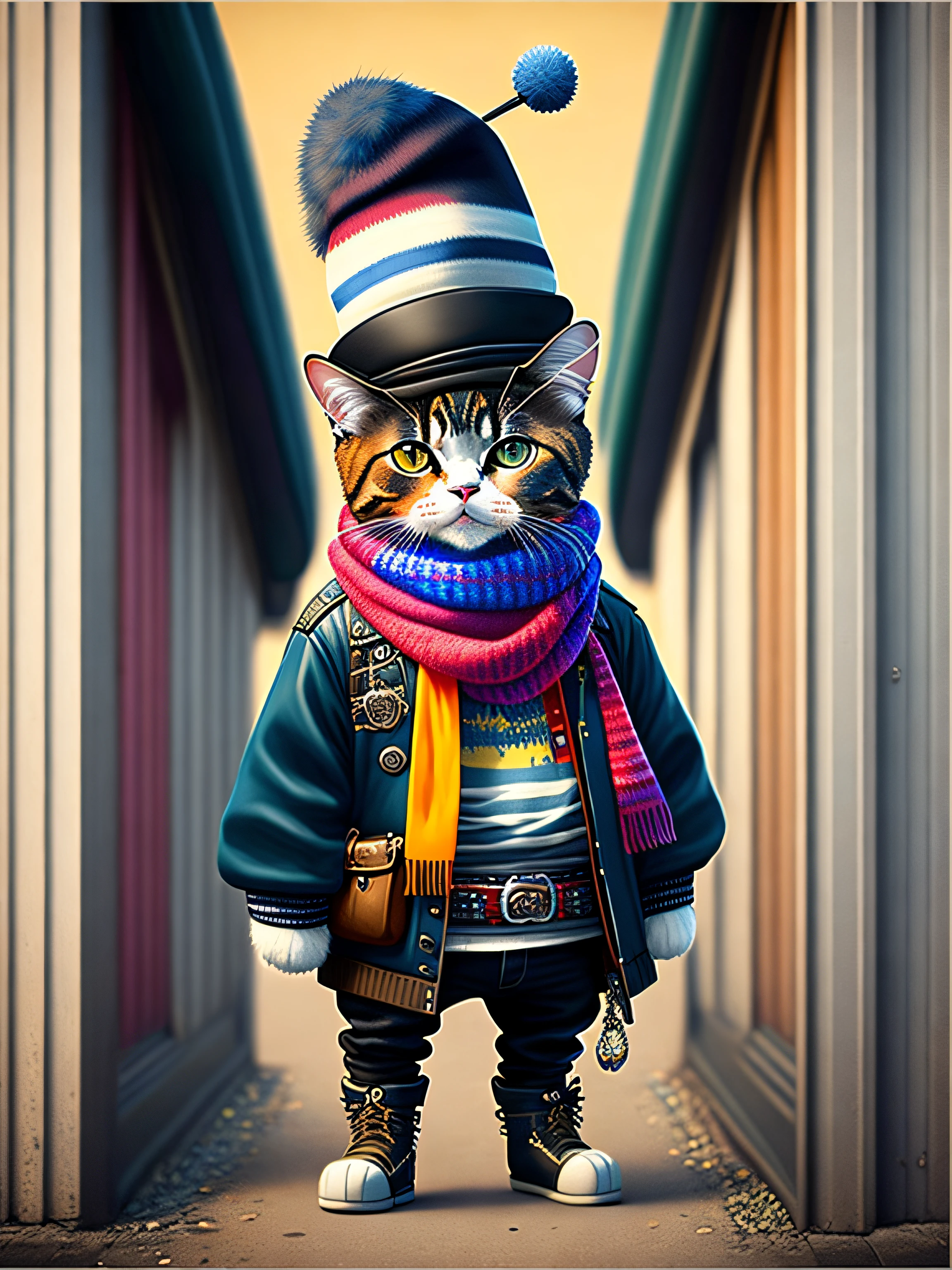 A painting of a black cat with hat and scarf, trend in art station, dressed in punk clothes, hyper-realistic detailed rendering, British gang member, urban style, intimidating pose, planet of cats, fashionable clothing, urban samurai, meow, west Slavic features, 8 1 5