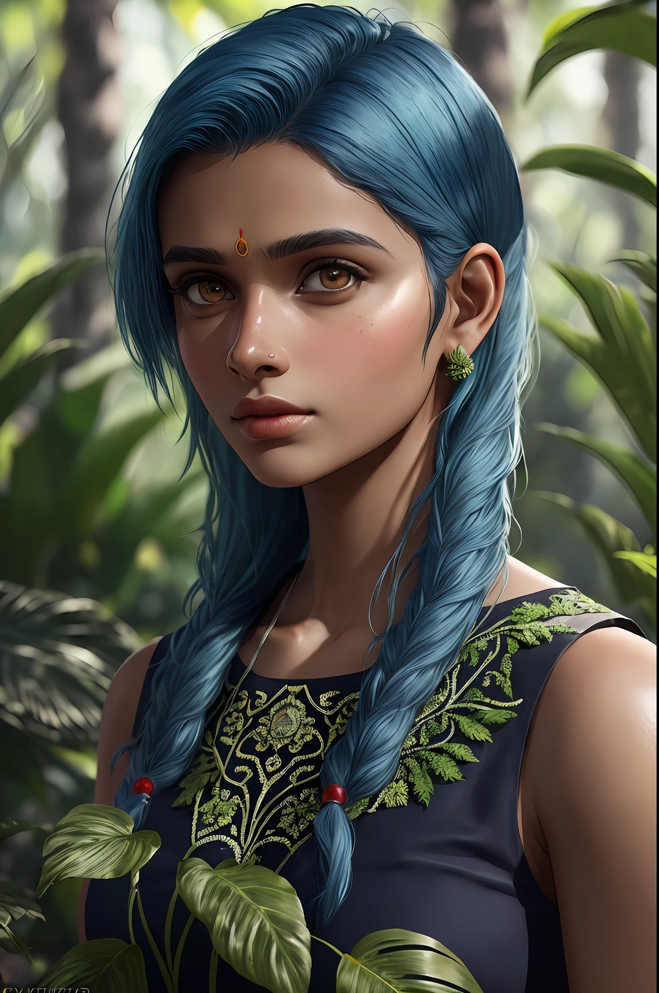 fashion photography portrait of indian girl with blue hair, in lush jungle with flowers, 3d render, cgi, symetrical, octane render, 35mm, bokeh, 9:16, (intricate details:1.12), hdr, (intricate details, hyperdetailed:1.15), (natural skin texture, hyperrealism, soft light, sharp:1.2), detailed, sunlight passing through foliage