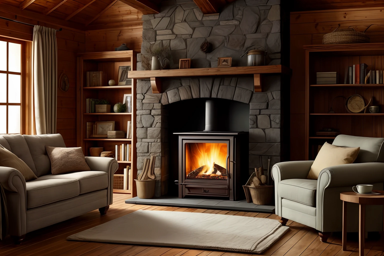 Design an embroidery effect image of a cozy cabin in a snowy forest, with smoke coming out of the chimney and a warm glow emanating from the windows. --auto
