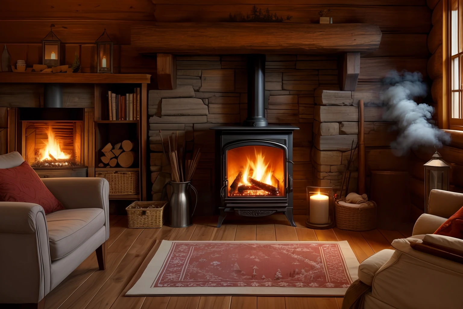 Design an embroidery effect image of a cozy cabin in a snowy forest, with smoke coming out of the chimney and a warm glow emanating from the windows. --auto