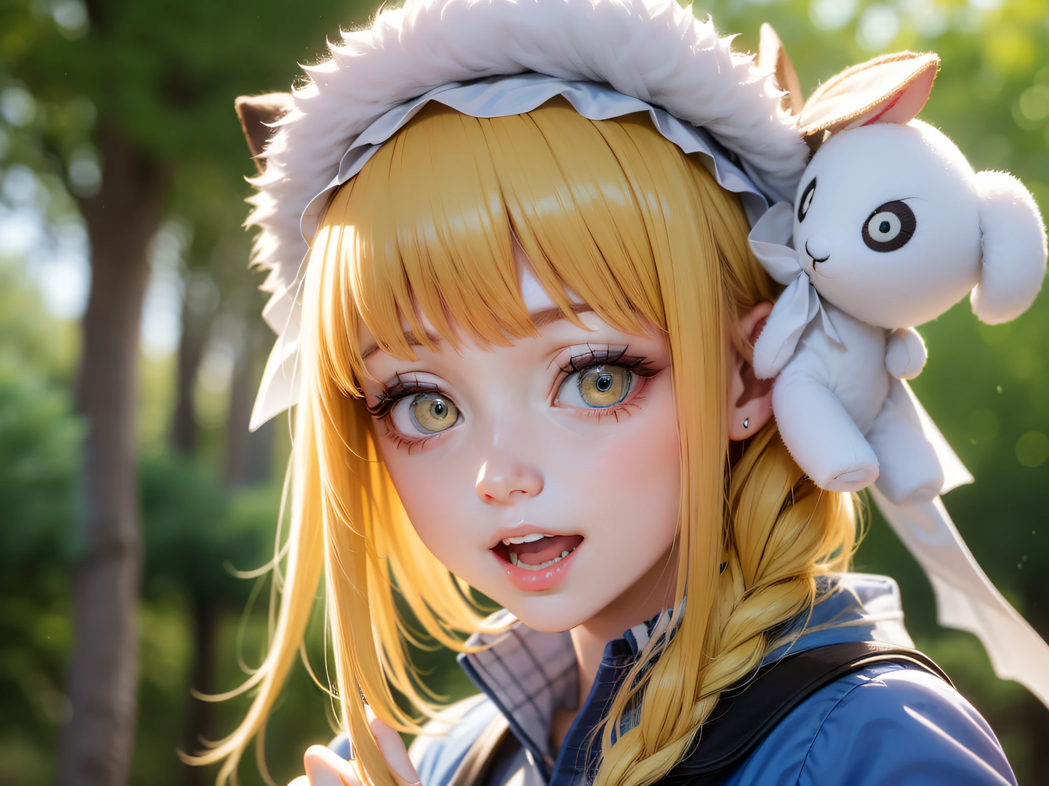 An anime girl with lemon-yellow hair and aqua blue eyes, a surprised expression on her face, and a cute white plush hat, (1girl:0.992), (:d:0.583), (bangs:0.701), (blush:0.584), (aqua blue eyes: 0.992), (looking at the audience: 0.711), (open mouth: 0.760), (lemon yellow hair: 0.917), (white ribbon: 0.826), (double twist braid: 0.571), (smile: 0.855), (solo: 0.949), (teeth: 0.770), (upper body: 0.760),