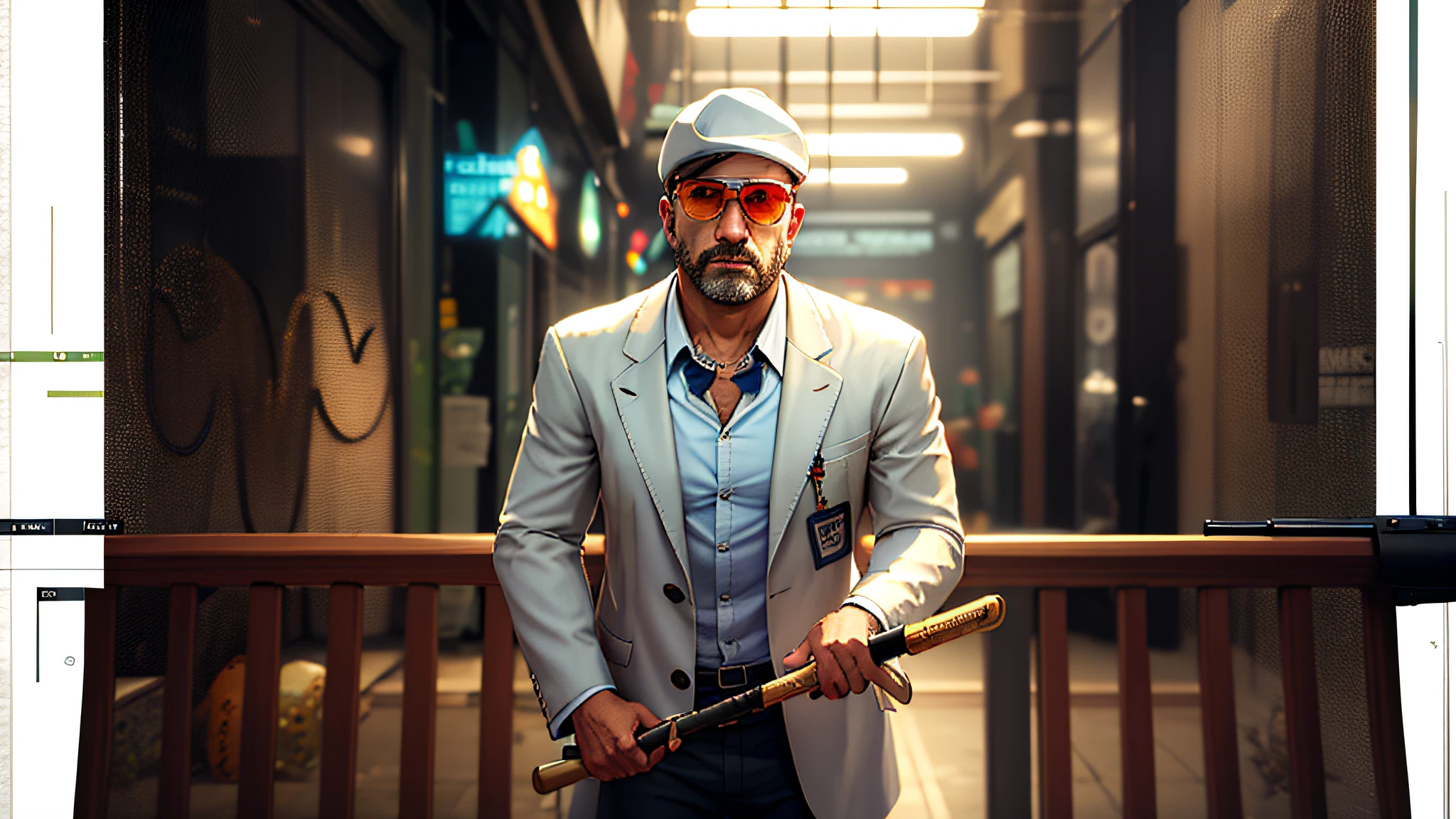 There is a man in white suit and red glasses holding a baseball bat, white beret, highly detailed and realistic photo, 8k, gta v style character