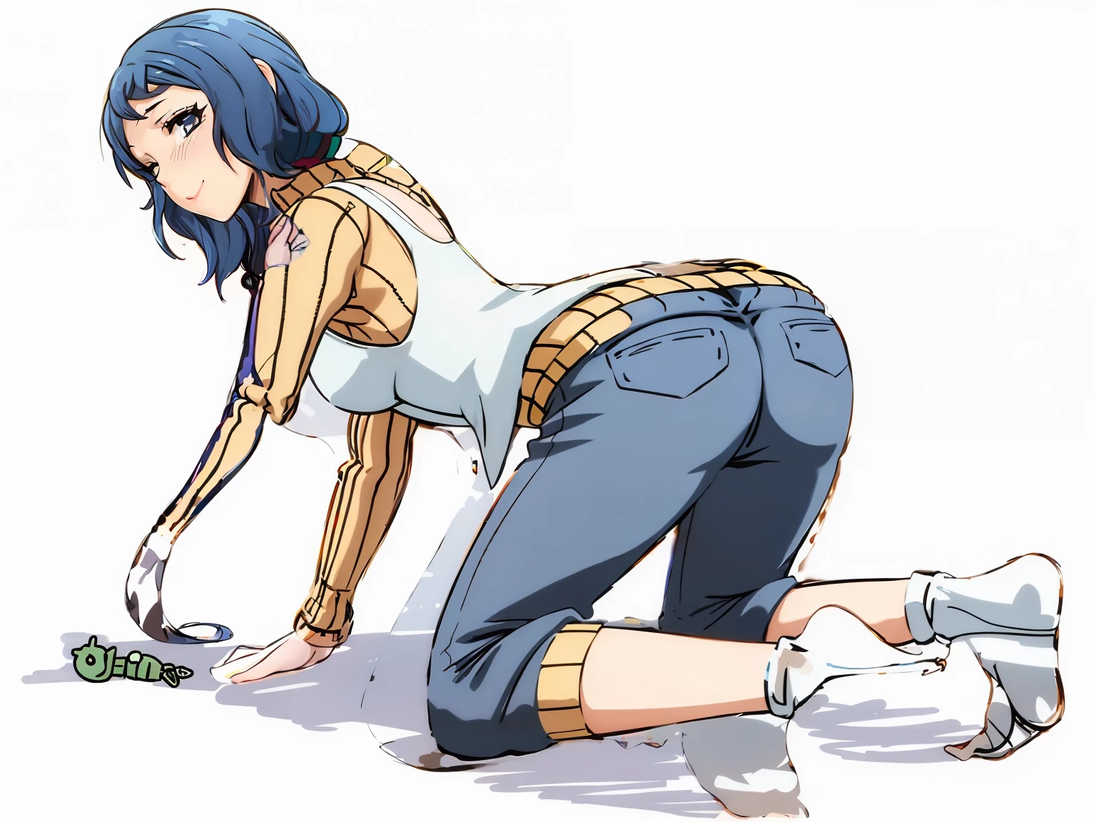 a woman with blue hair and blue shorts bending over, beautiful, bending over, commission for high res, oc commission, high quality colored sketch, full color illustration, consistent art style,