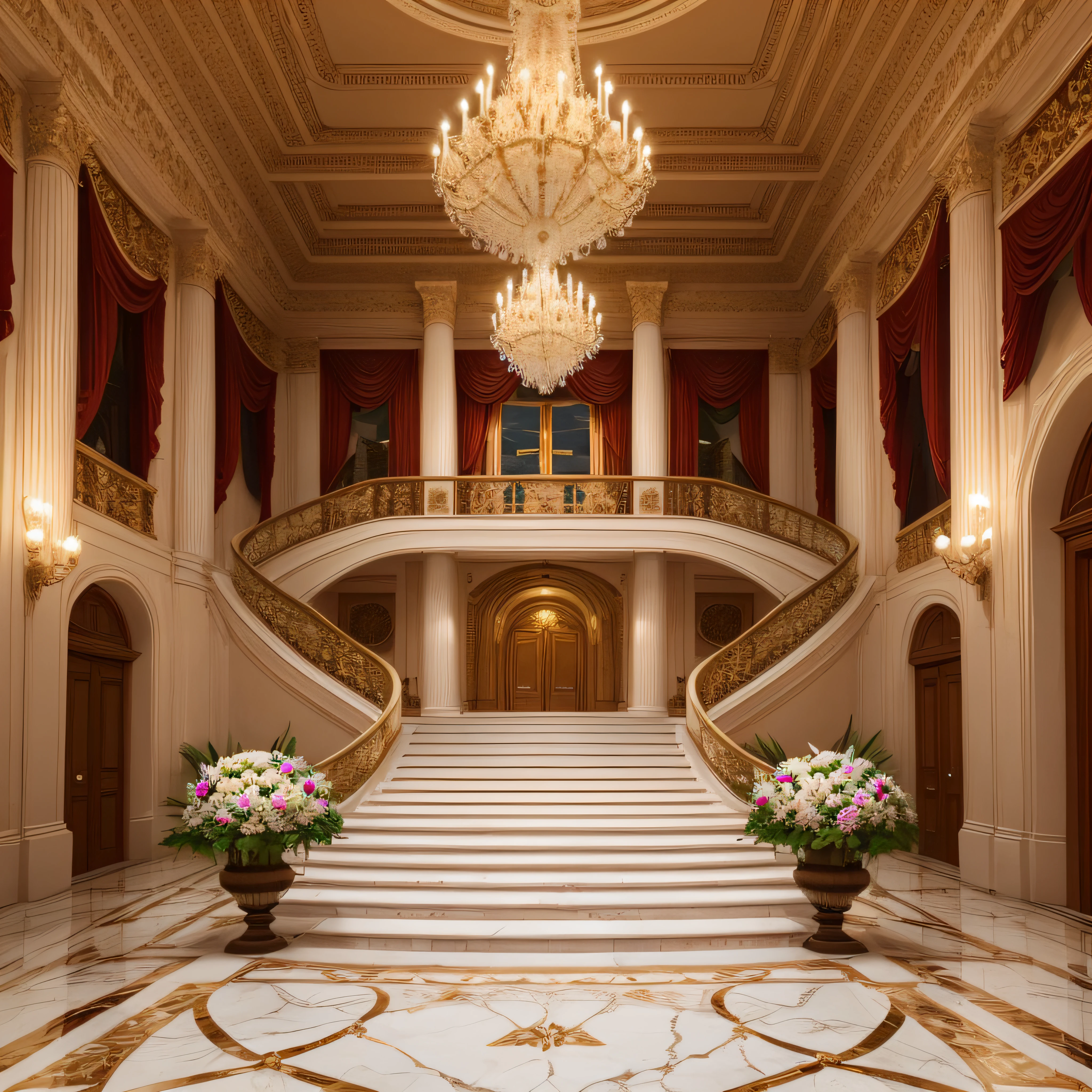 photo of, studio backdrop,a majestic white palace with a grand staircase of marble, adorned with intricate flower arrangements and illuminated by soft surround lighting., 8k, nikon professional photography, best quality, high quality, highres, high resolution fix --auto