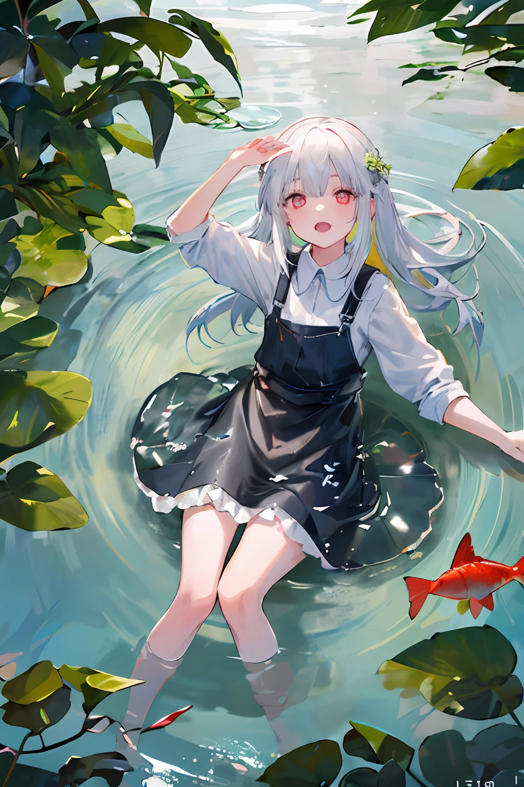 Gray hair, long hair, girl, dead reservoir water, kneeling on the bed