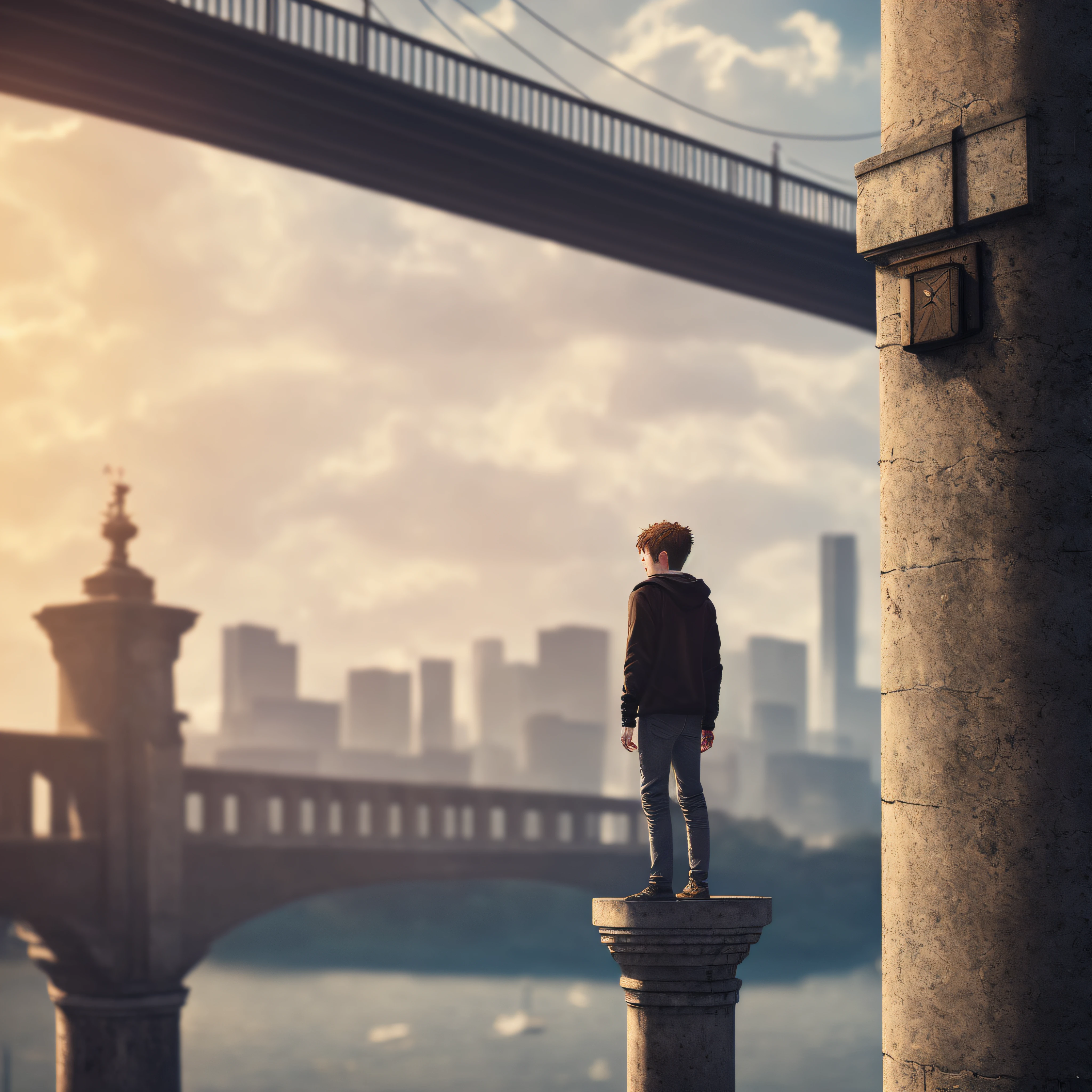 Conceptual image of a teenager on the edge of a very high bridge, in a big city full of buildings, the teenager has depression and wants to throw himself off the bridge and die because he is very sad and no longer has sense in living, professional image, wide photo, insanely realistic, with dramatic lighting, 20 megapixels, Canon EOS R3,  depth of field, masterpiece, best quality, intricate, tone mapped, highly detailed, smooth, sharp focus, highly detailed art, cinematic, hyper realistic, 8K, amazing shadows, realistic, (highly detailed background: 1.0)