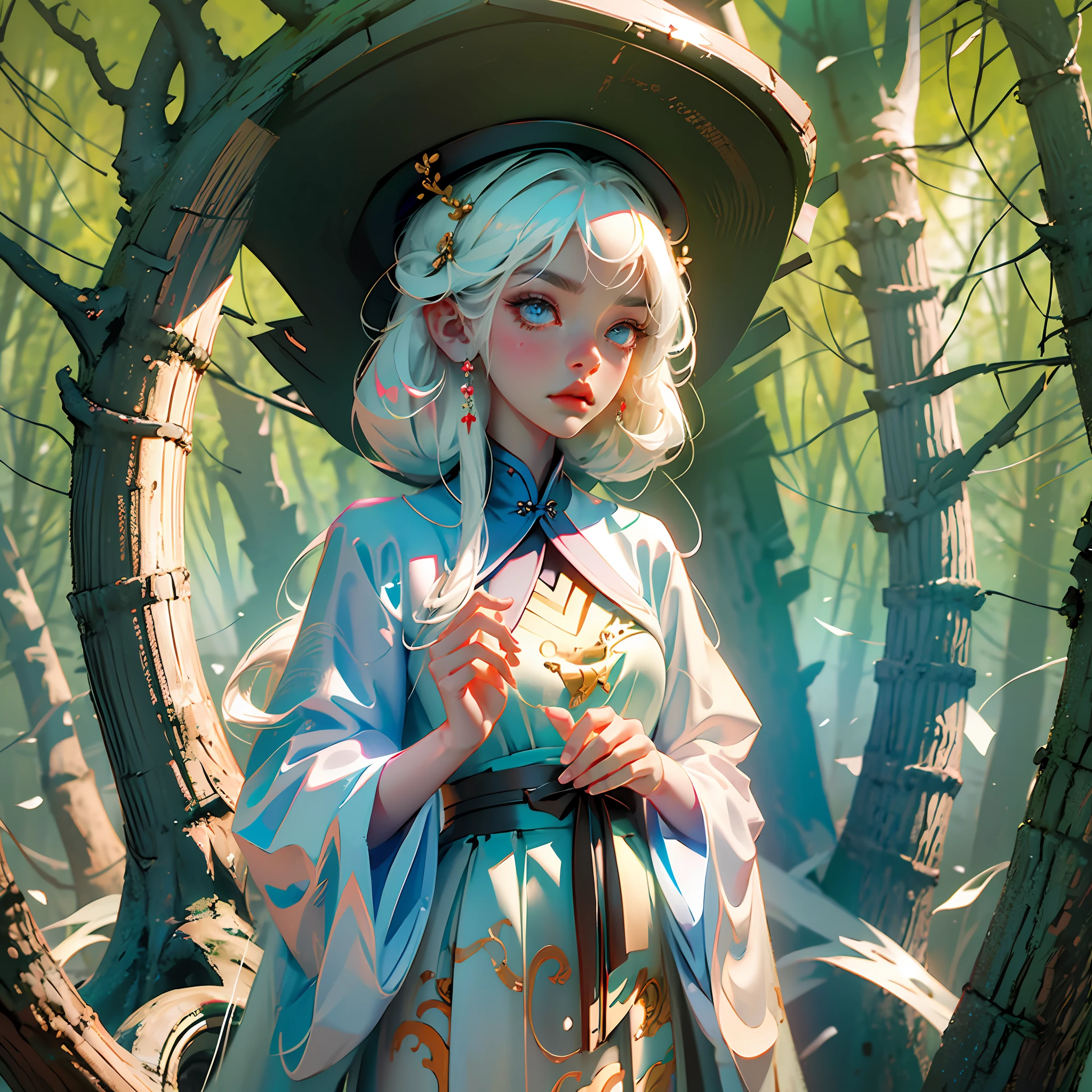 White hair, big blue eyes, ancient Chinese painting style, white robe, little girl, loli, black eyelashes, standing in the forest --auto --s2